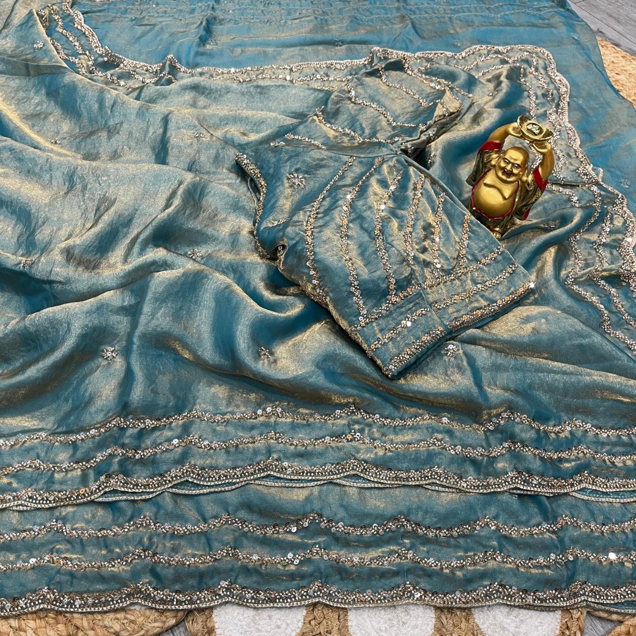 Dusty Teal Pure Space Silk Saree with Original Gold Beads Handwork & Sequins Blouse | Party Wear