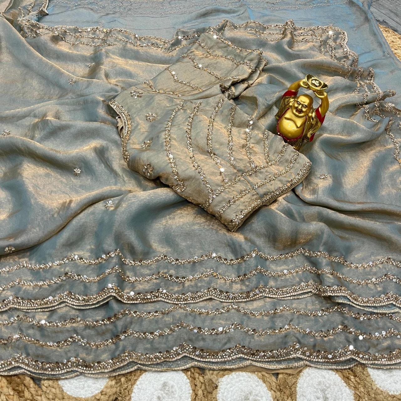 Silver Grey Pure Space Silk Saree with Original Gold Beads Handwork & Sequins Blouse | Party Wear