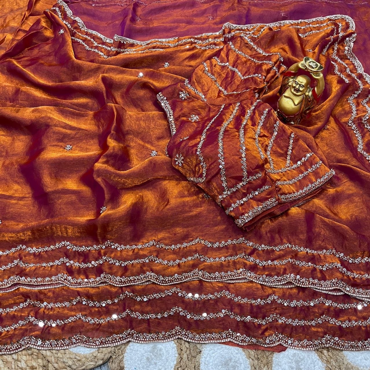 Copper Rust Pure Space Silk Saree with Original Gold Beads Handwork & Sequins Blouse | Party Wear