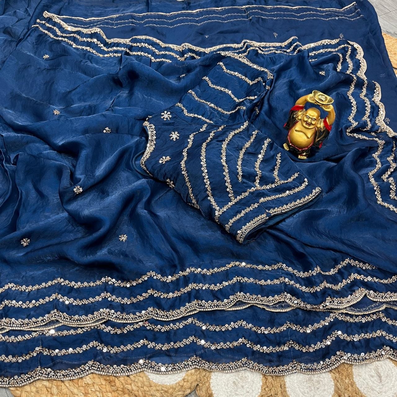 Royal Navy Blue Pure Space Silk Saree with Original Gold Beads Handwork & Sequins Blouse | Party Wear