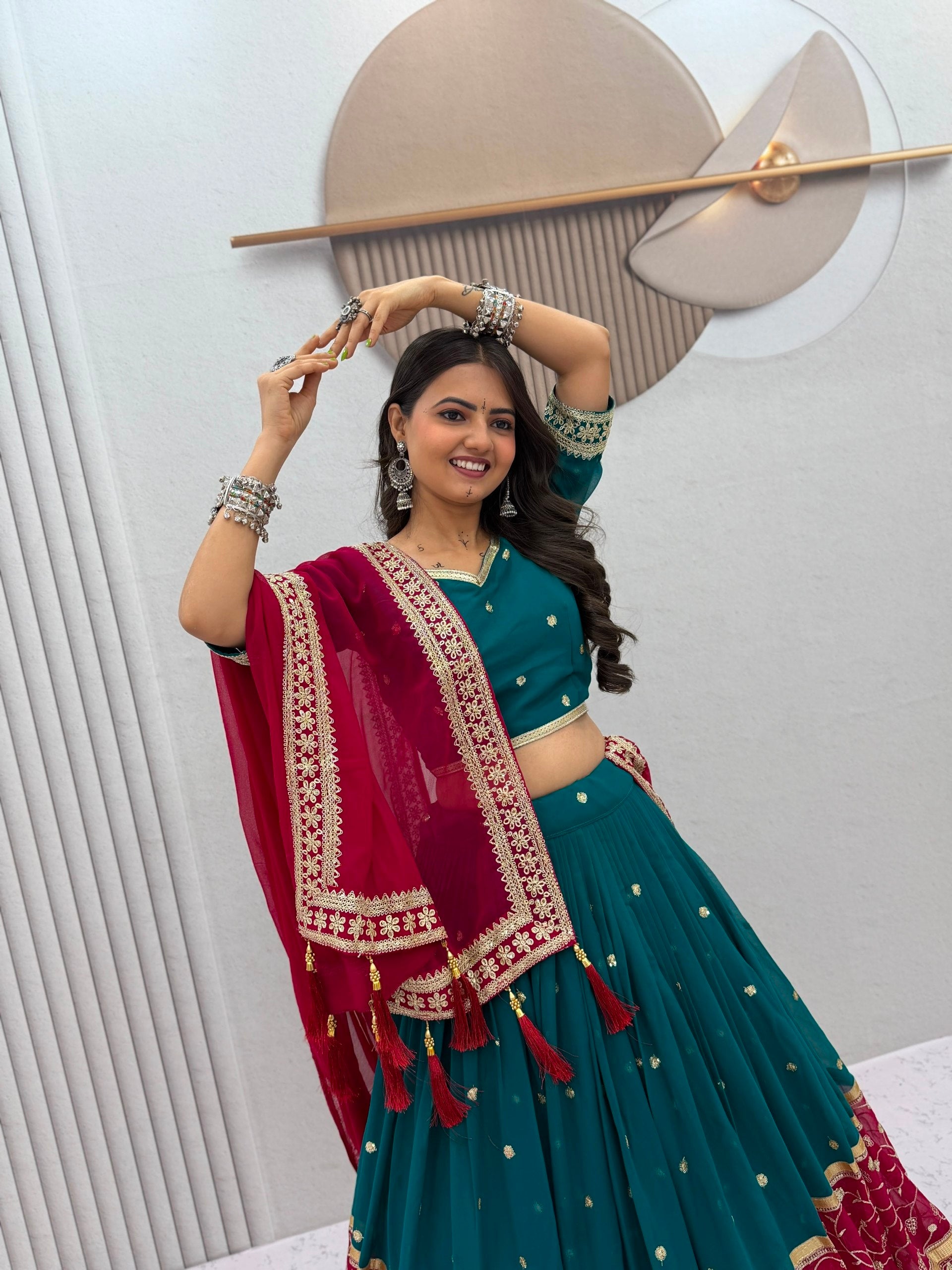 Teal Blue & Wine Fox Georgette Navratri Lehenga Choli with Embroidered Dupatta