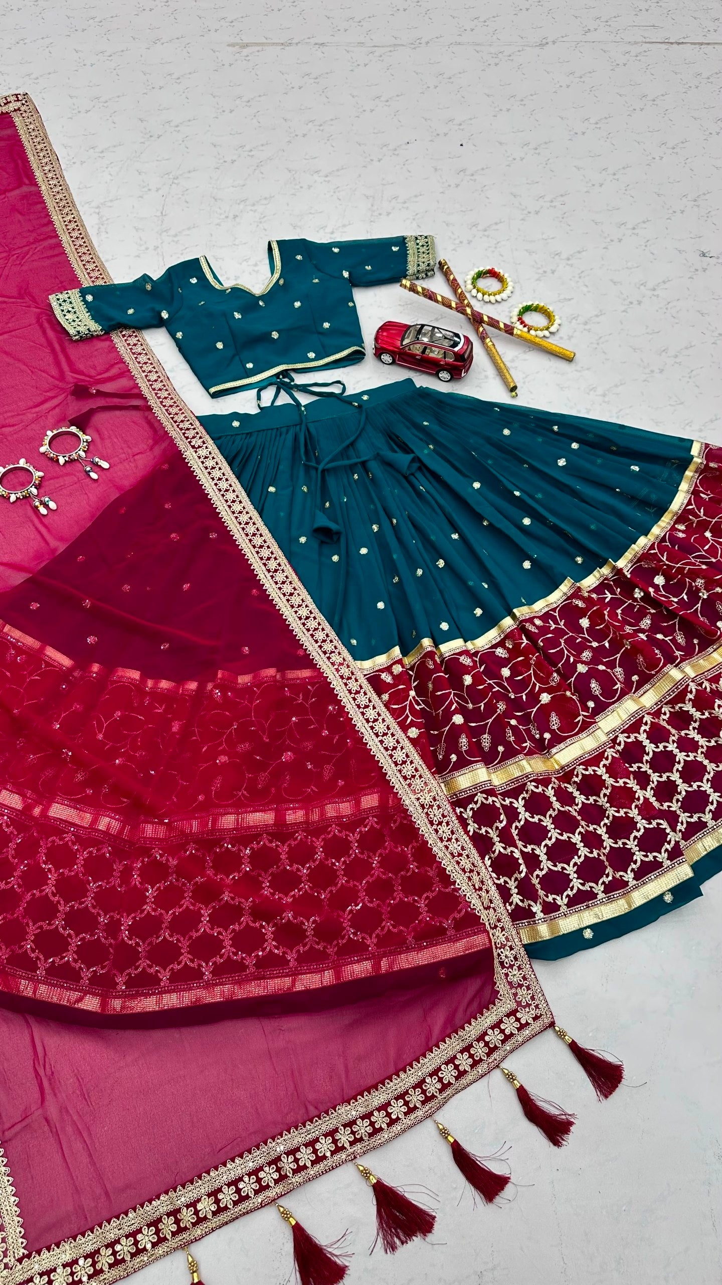 Teal Blue & Wine Fox Georgette Navratri Lehenga Choli with Embroidered Dupatta