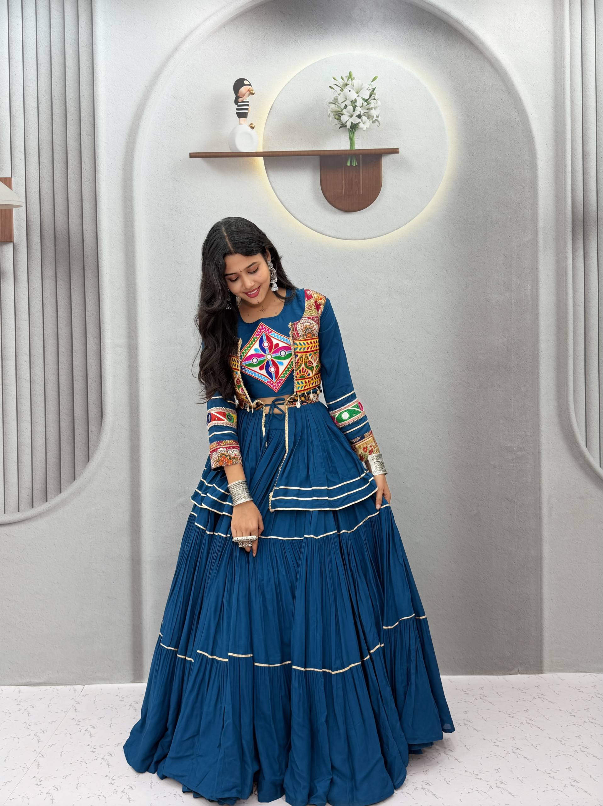 Royal Blue Navratri Gamthi Work Cotton Lehenga Choli with Koti