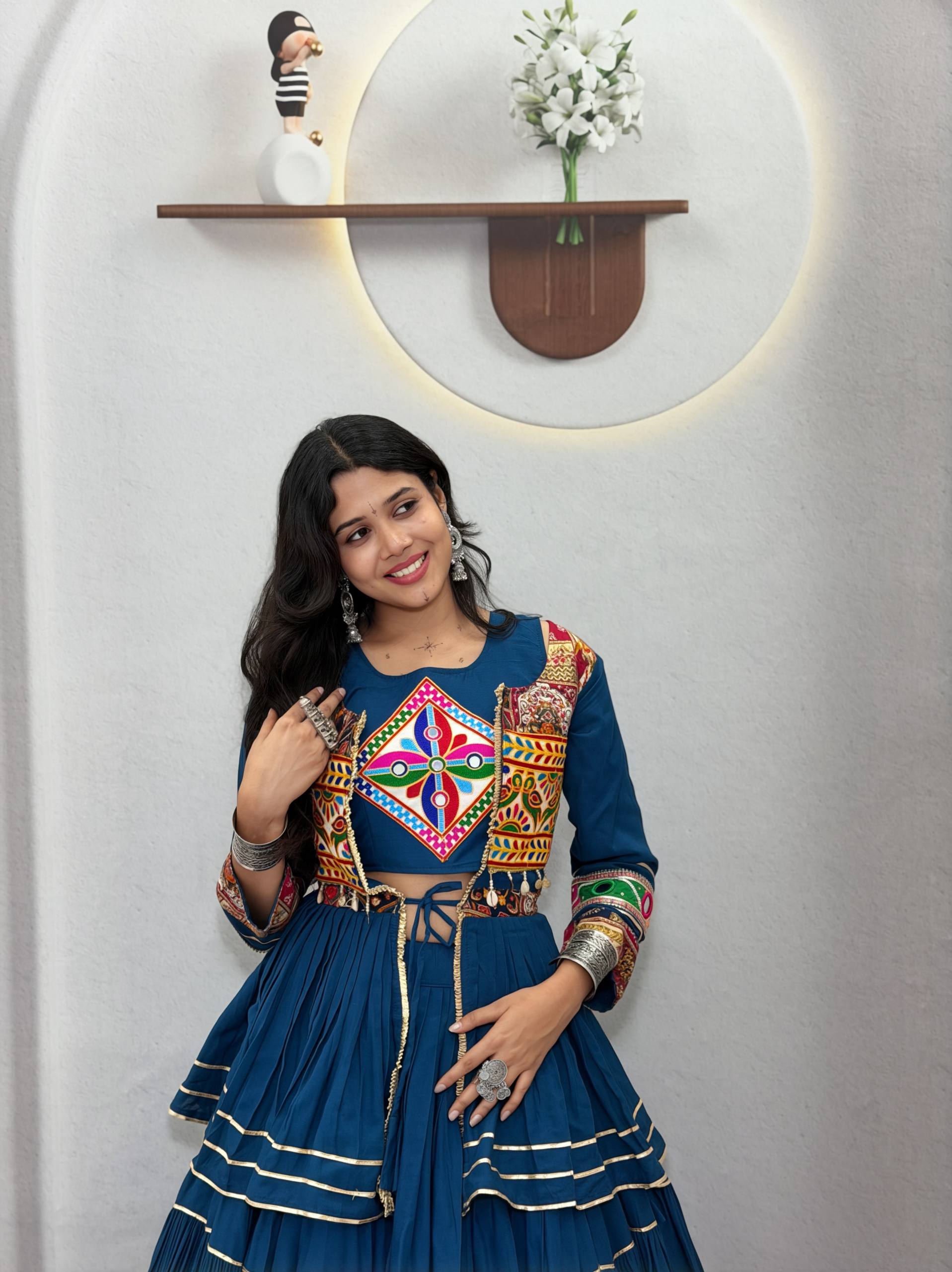 Royal Blue Navratri Gamthi Work Cotton Lehenga Choli with Koti