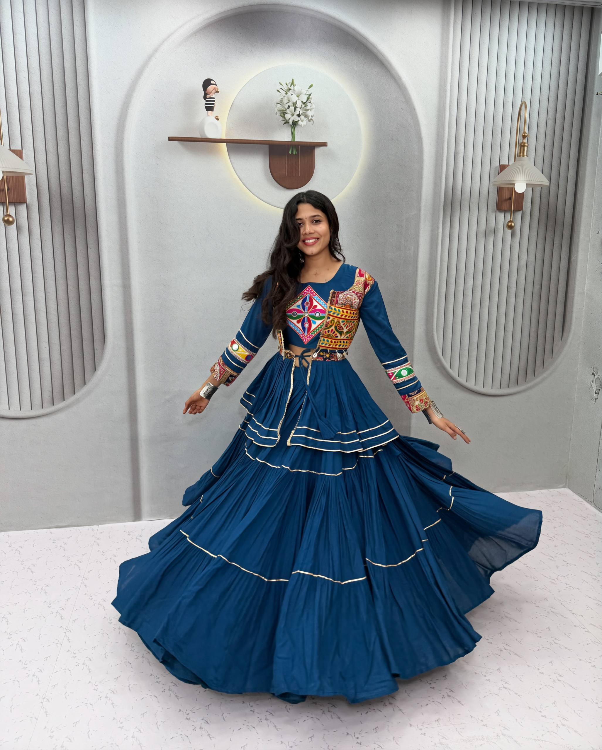 Royal Blue Navratri Gamthi Work Cotton Lehenga Choli with Koti