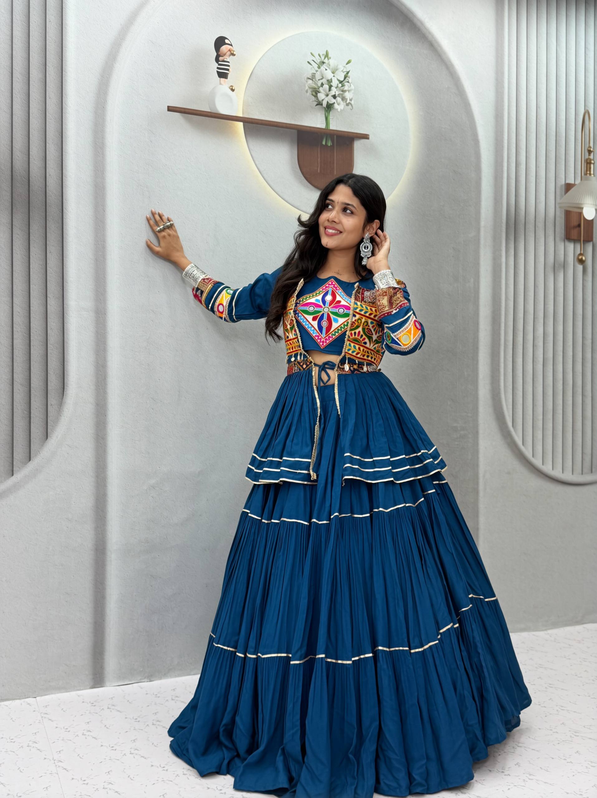 Royal Blue Navratri Gamthi Work Cotton Lehenga Choli with Koti