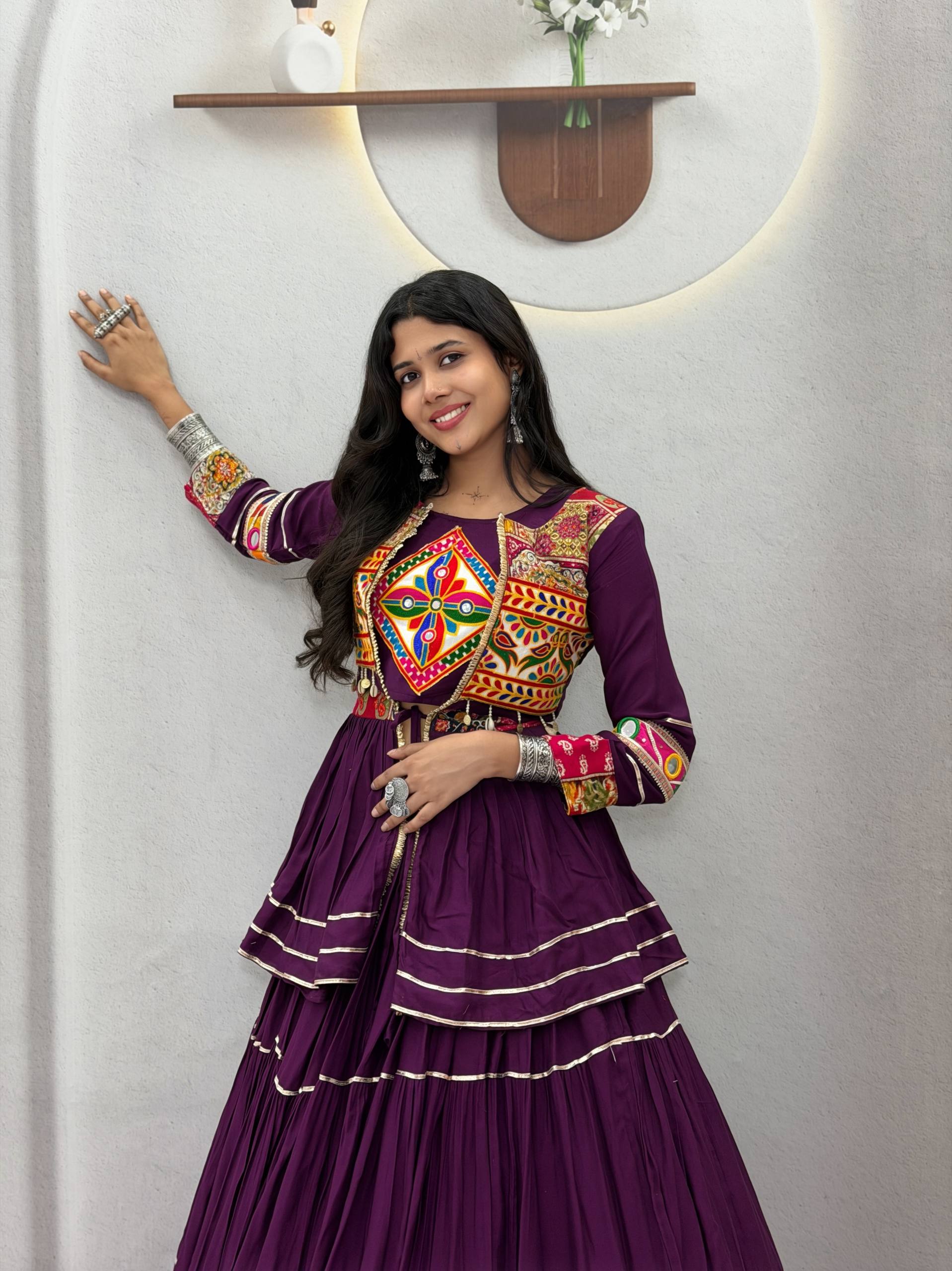 Royal Purple Navratri Gamthi Work Cotton Lehenga Choli with Koti