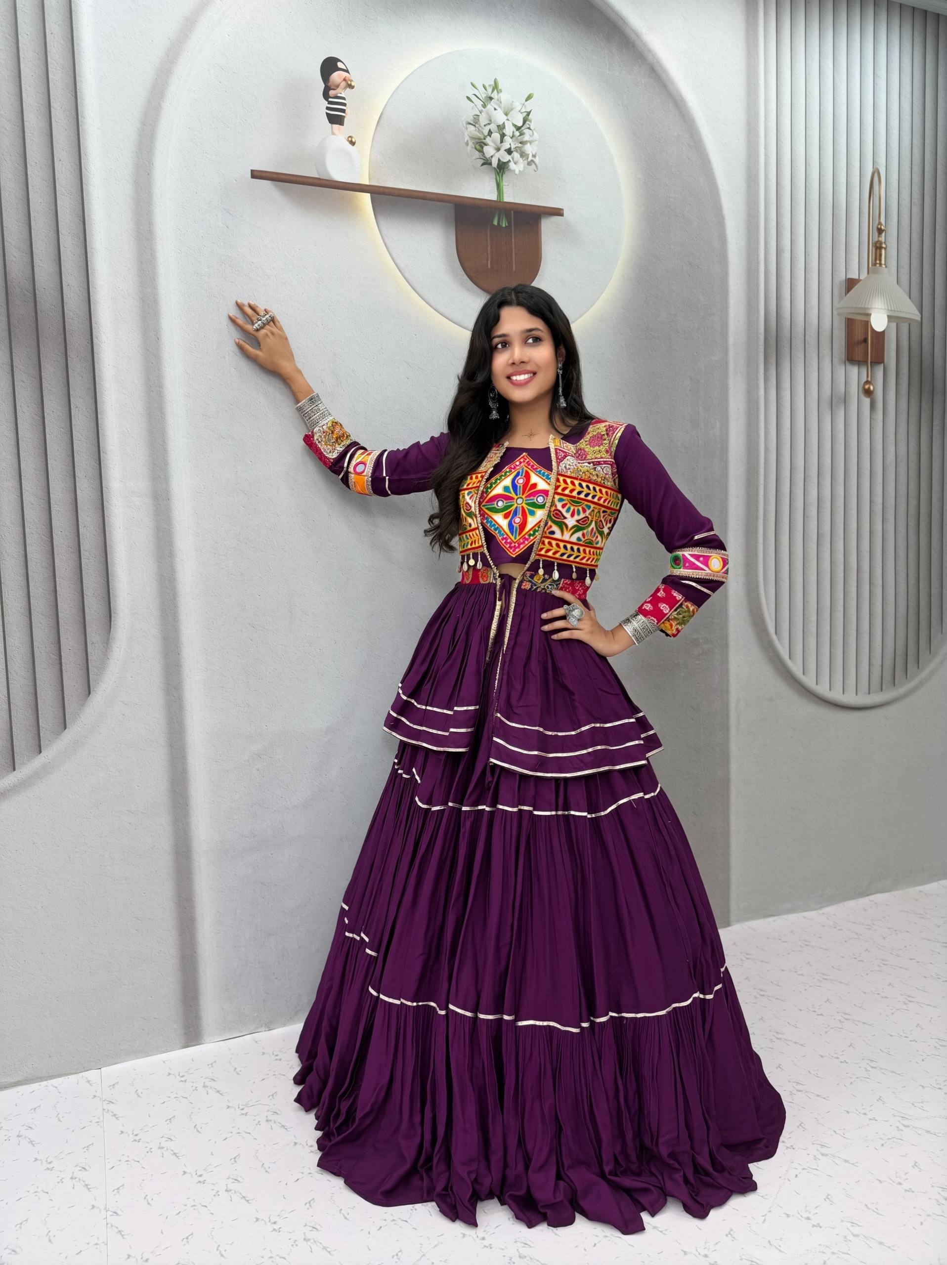 Royal Purple Navratri Gamthi Work Cotton Lehenga Choli with Koti