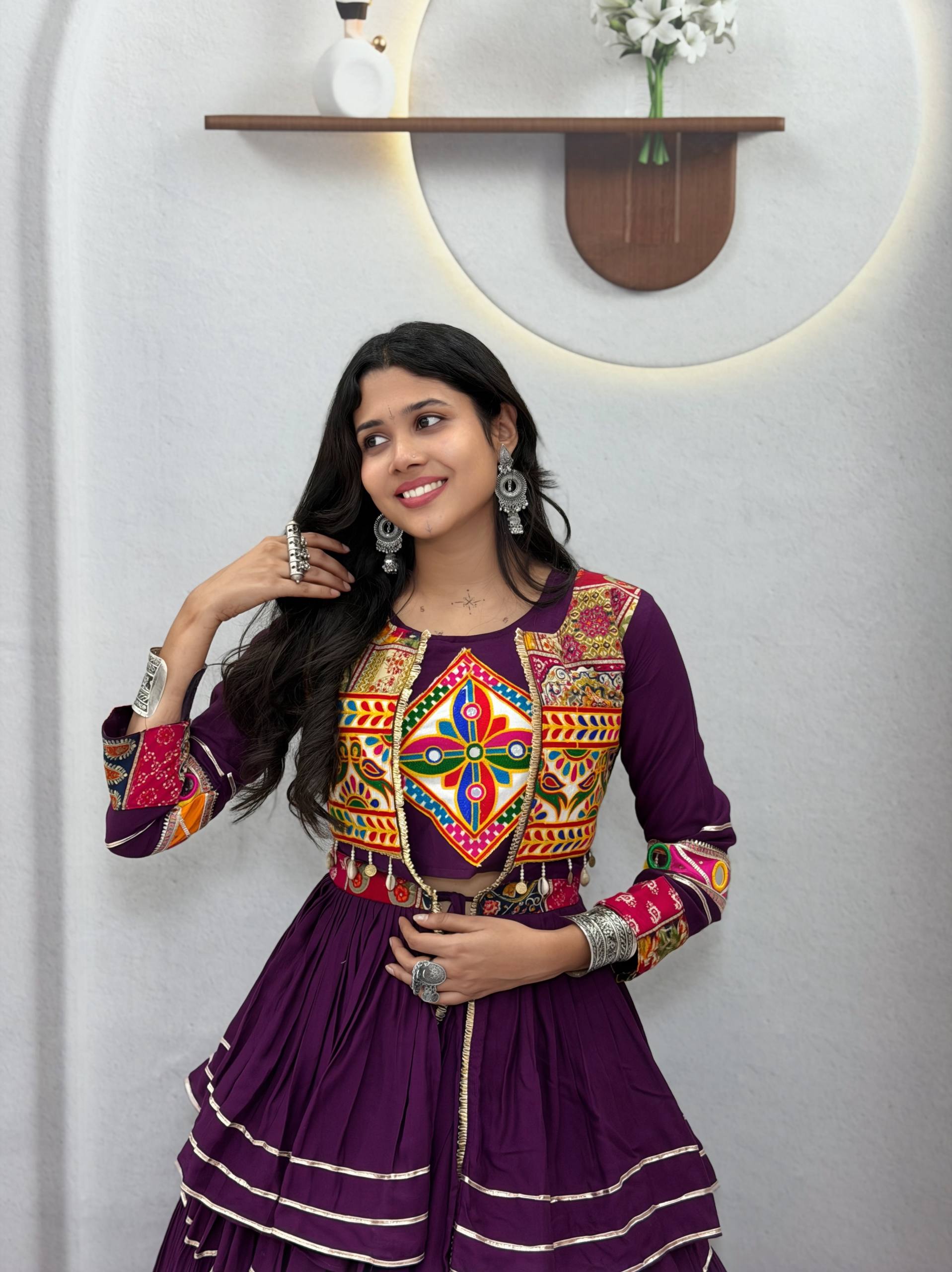 Royal Purple Navratri Gamthi Work Cotton Lehenga Choli with Koti