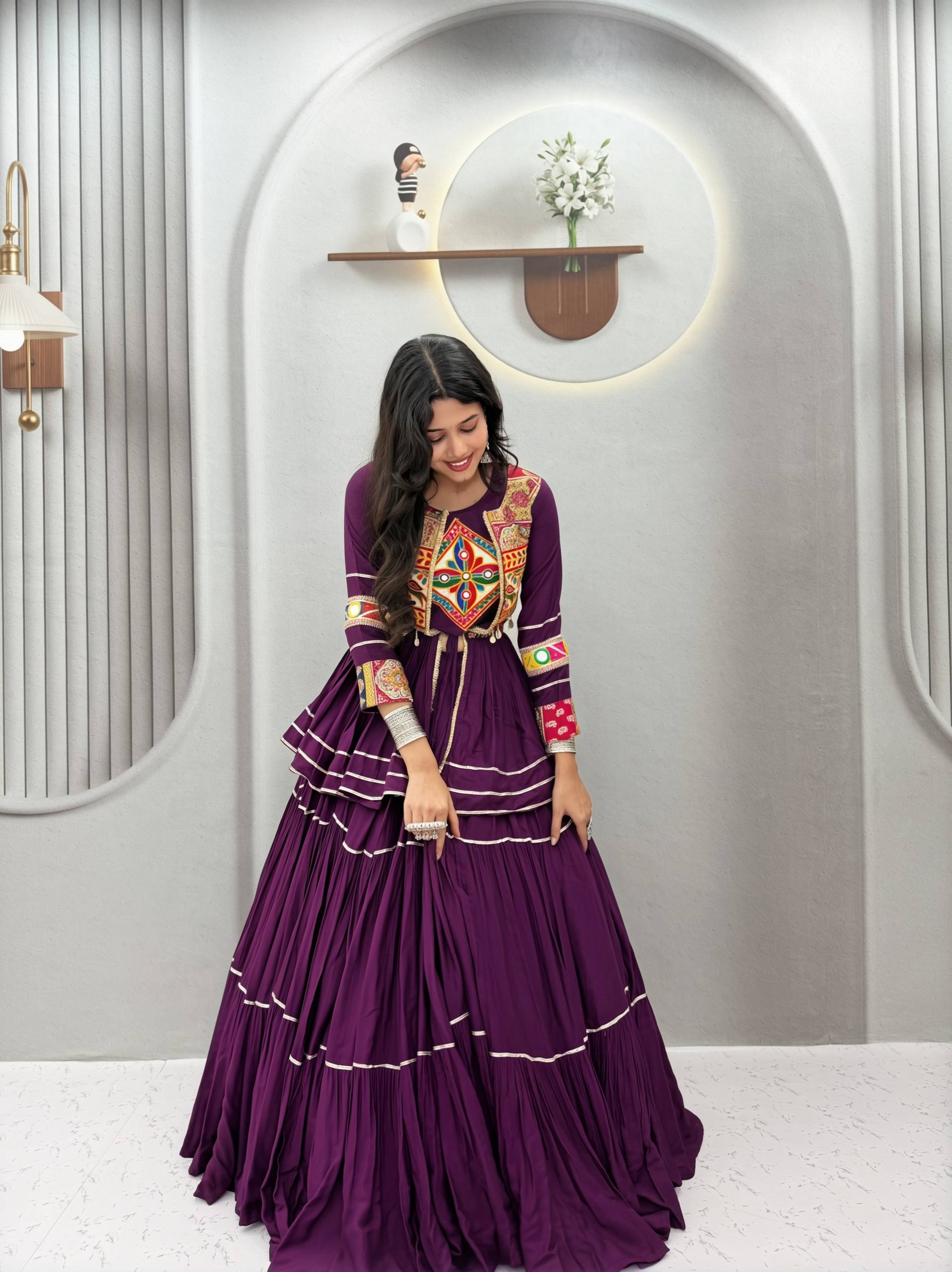 Royal Purple Navratri Gamthi Work Cotton Lehenga Choli with Koti