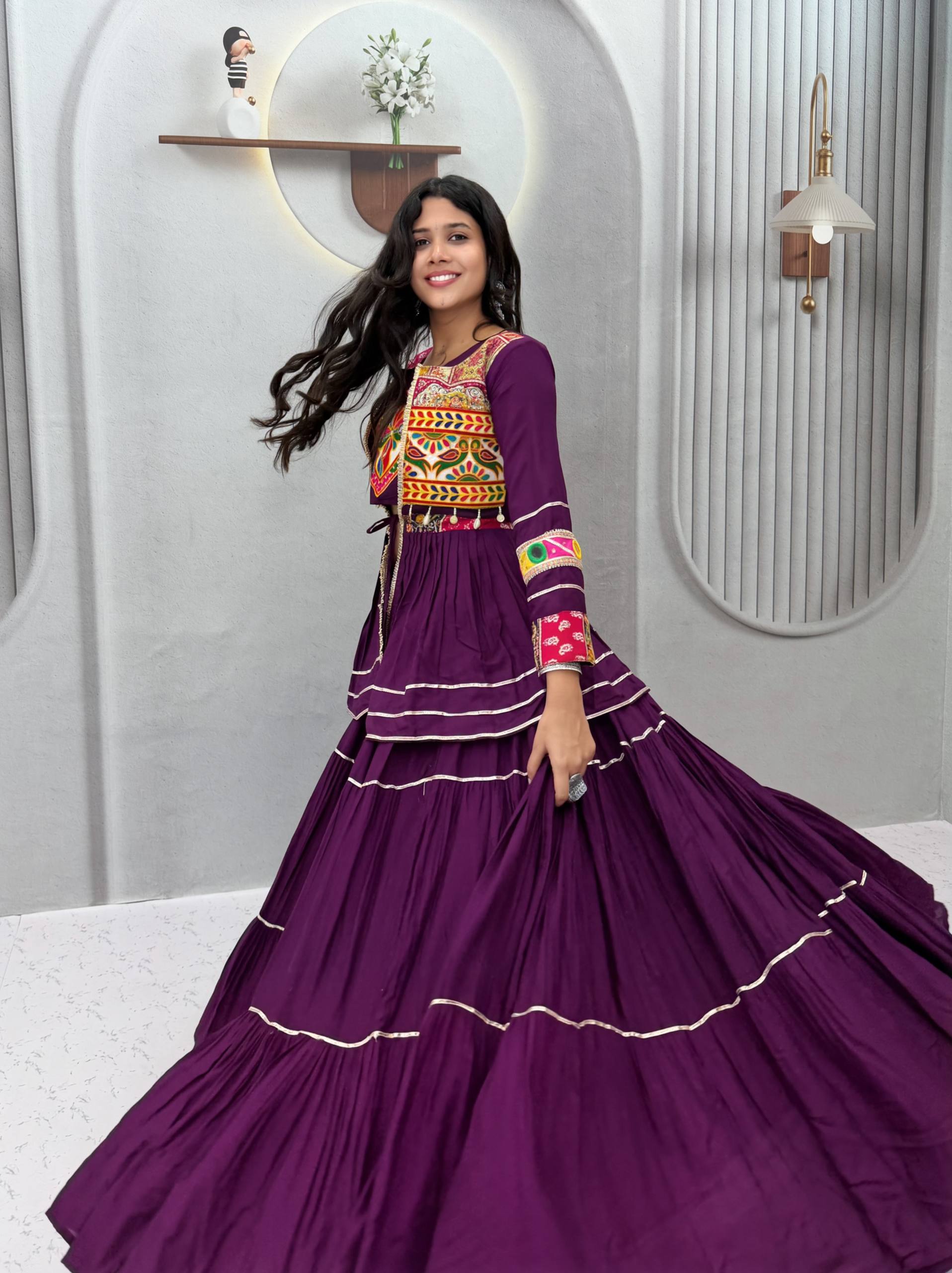 Royal Purple Navratri Gamthi Work Cotton Lehenga Choli with Koti