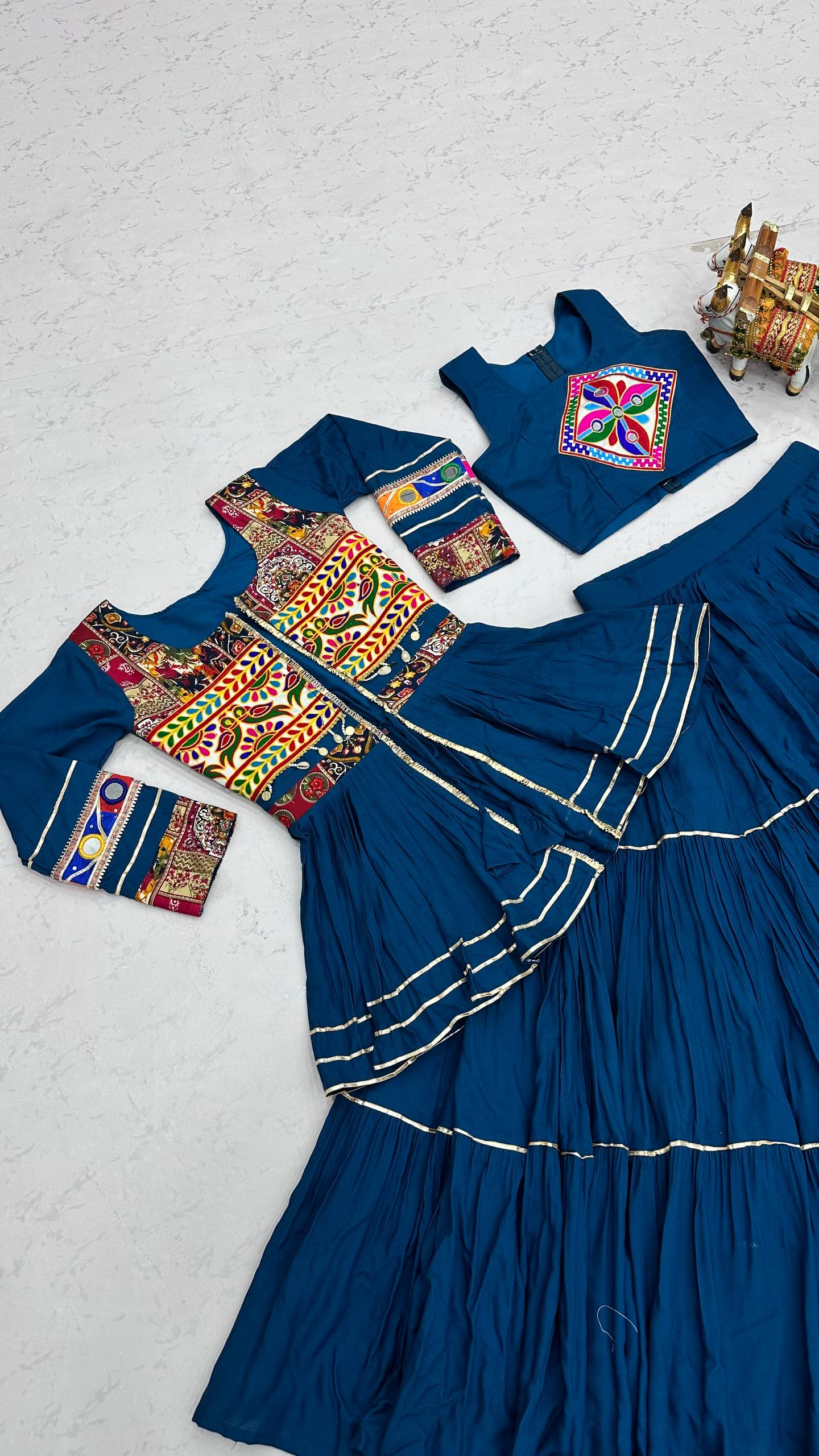 Royal Blue Navratri Gamthi Work Cotton Lehenga Choli with Koti