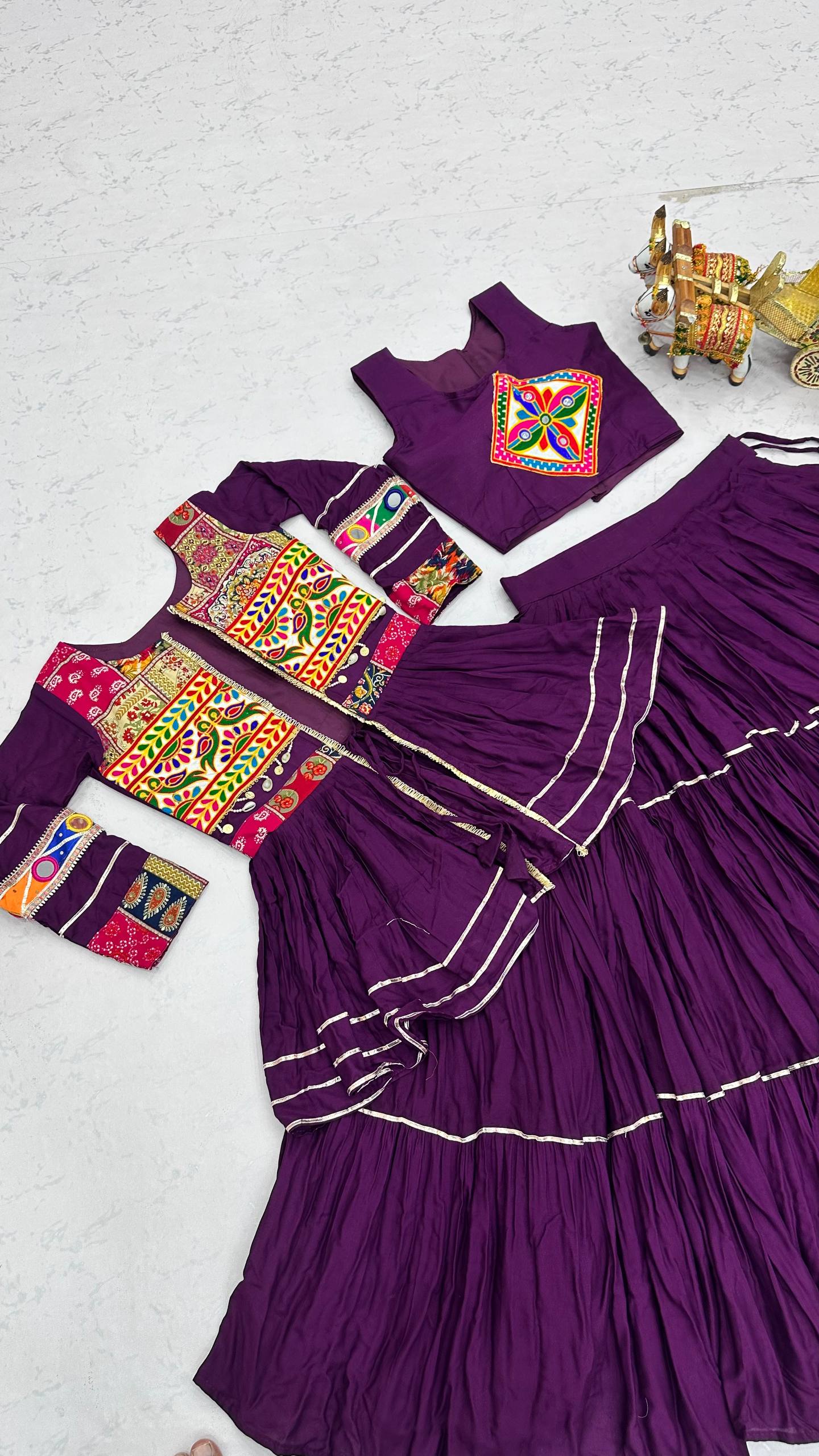 Royal Purple Navratri Gamthi Work Cotton Lehenga Choli with Koti