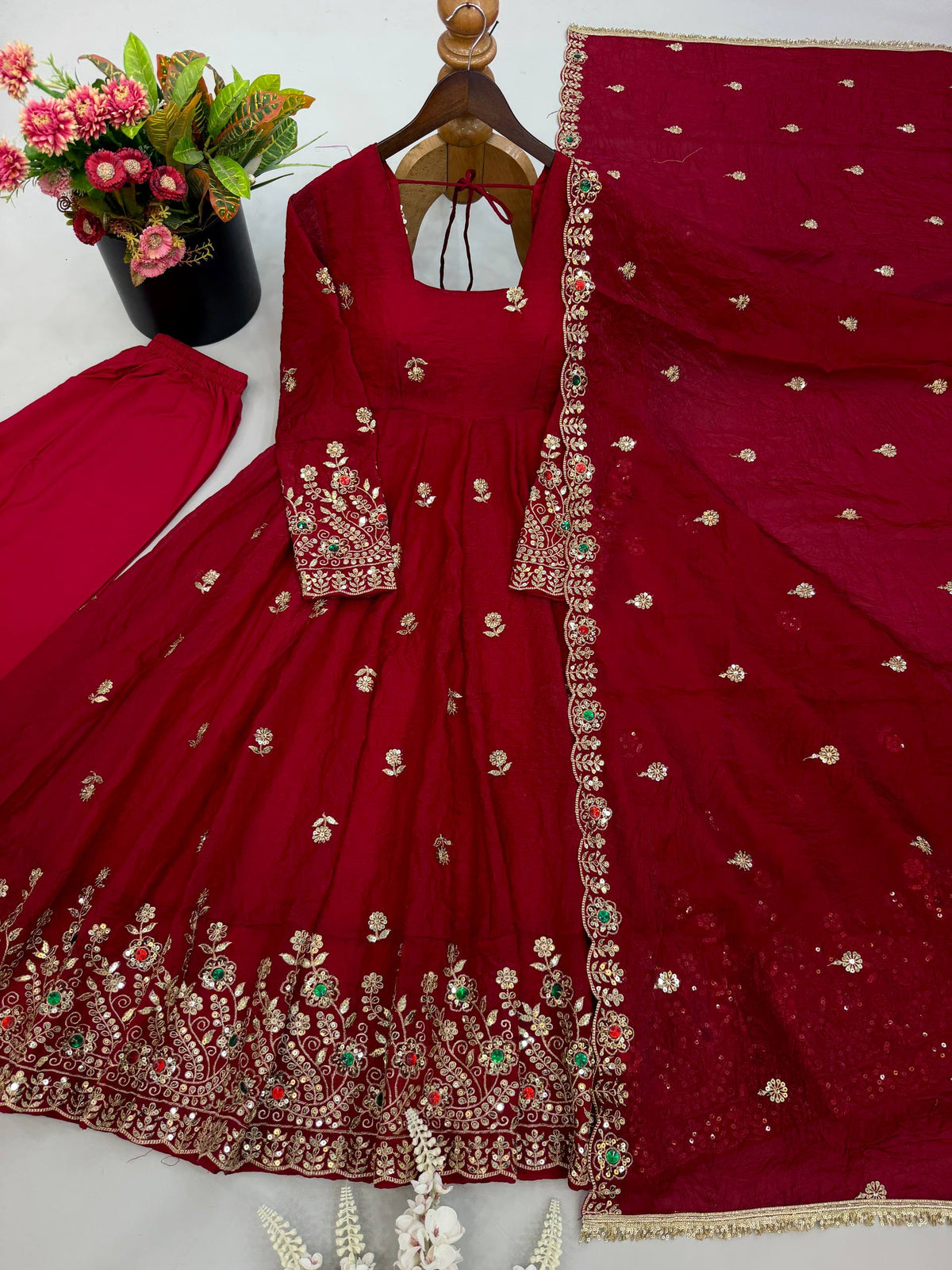 Maroon Doremon Crush Embroidered Gown Set with Diamond Work Dupatta