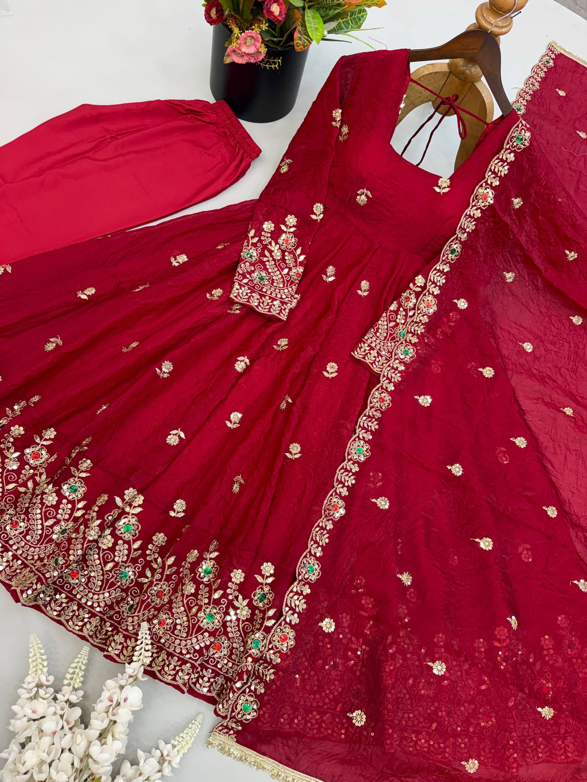 Maroon Doremon Crush Embroidered Gown Set with Diamond Work Dupatta