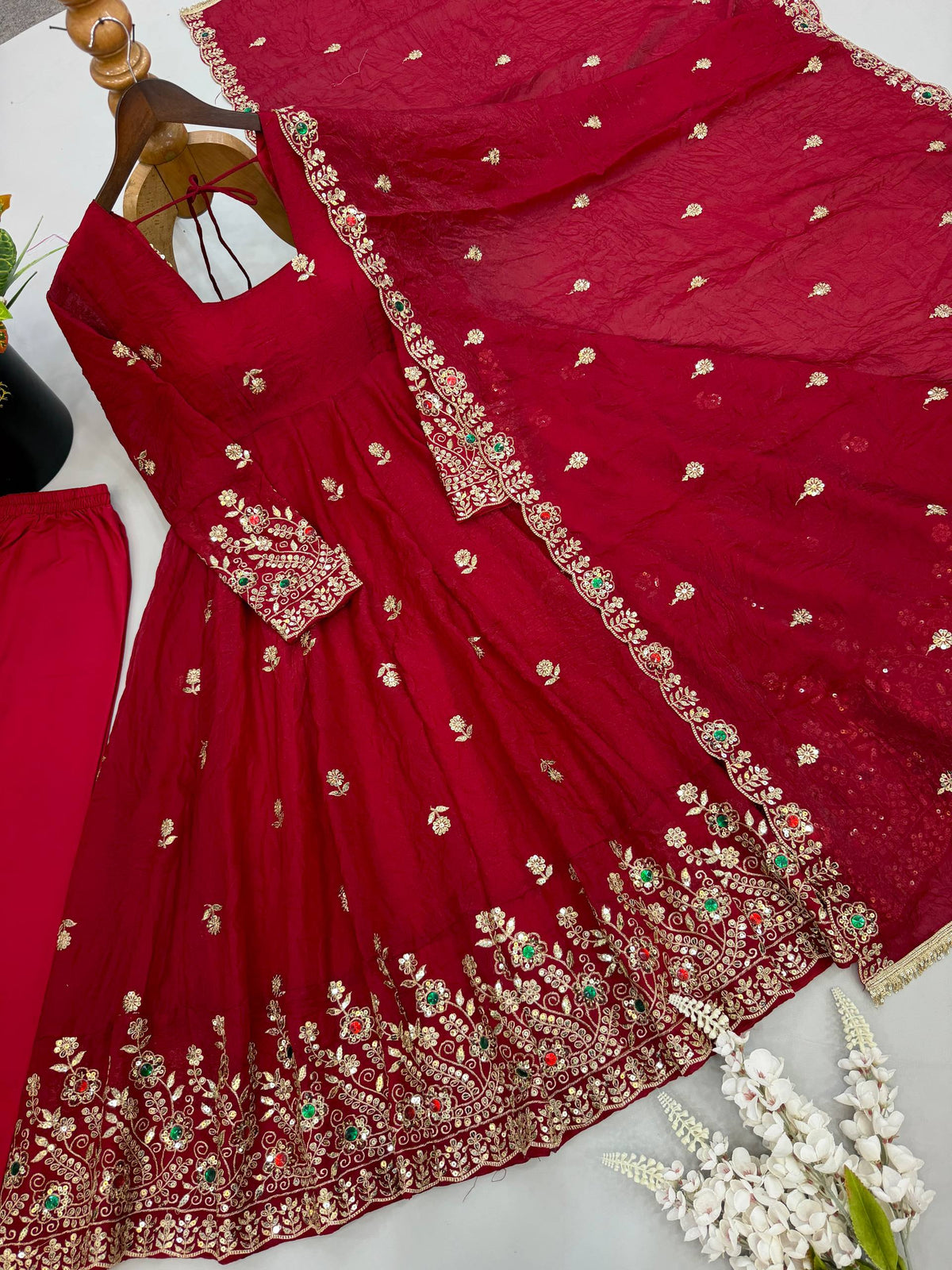 Maroon Doremon Crush Embroidered Gown Set with Diamond Work Dupatta