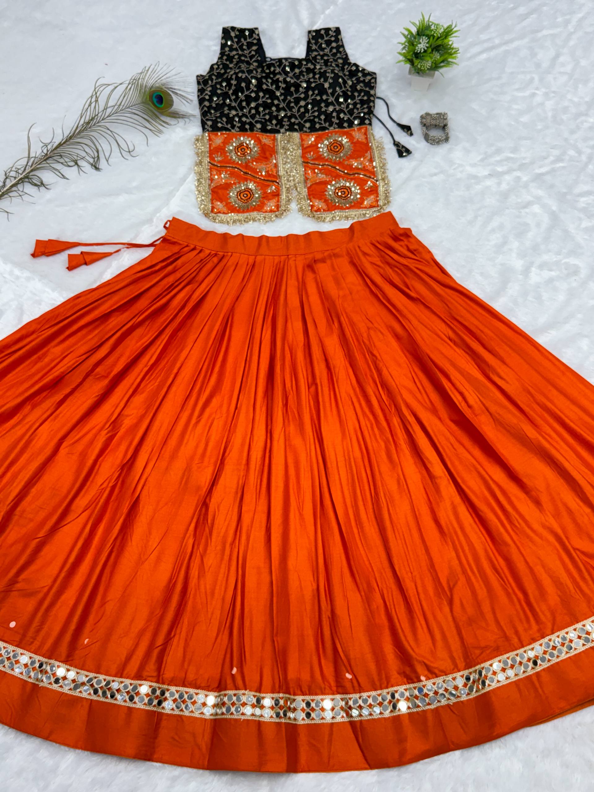 Orange Pure Cotton Navratri Lehenga Choli Set with Mirror Lace & Embroidered Blouse