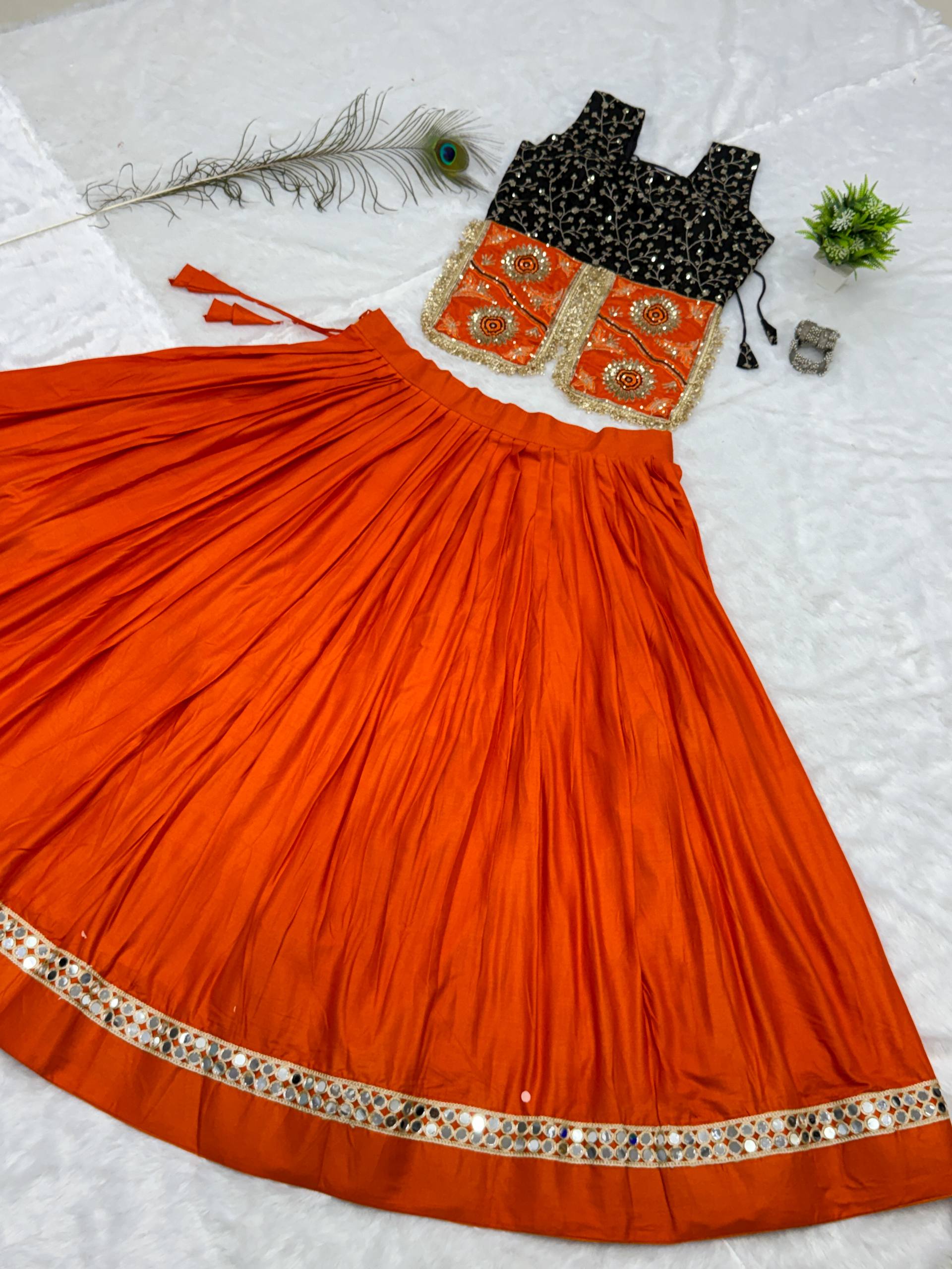 Orange Pure Cotton Navratri Lehenga Choli Set with Mirror Lace & Embroidered Blouse