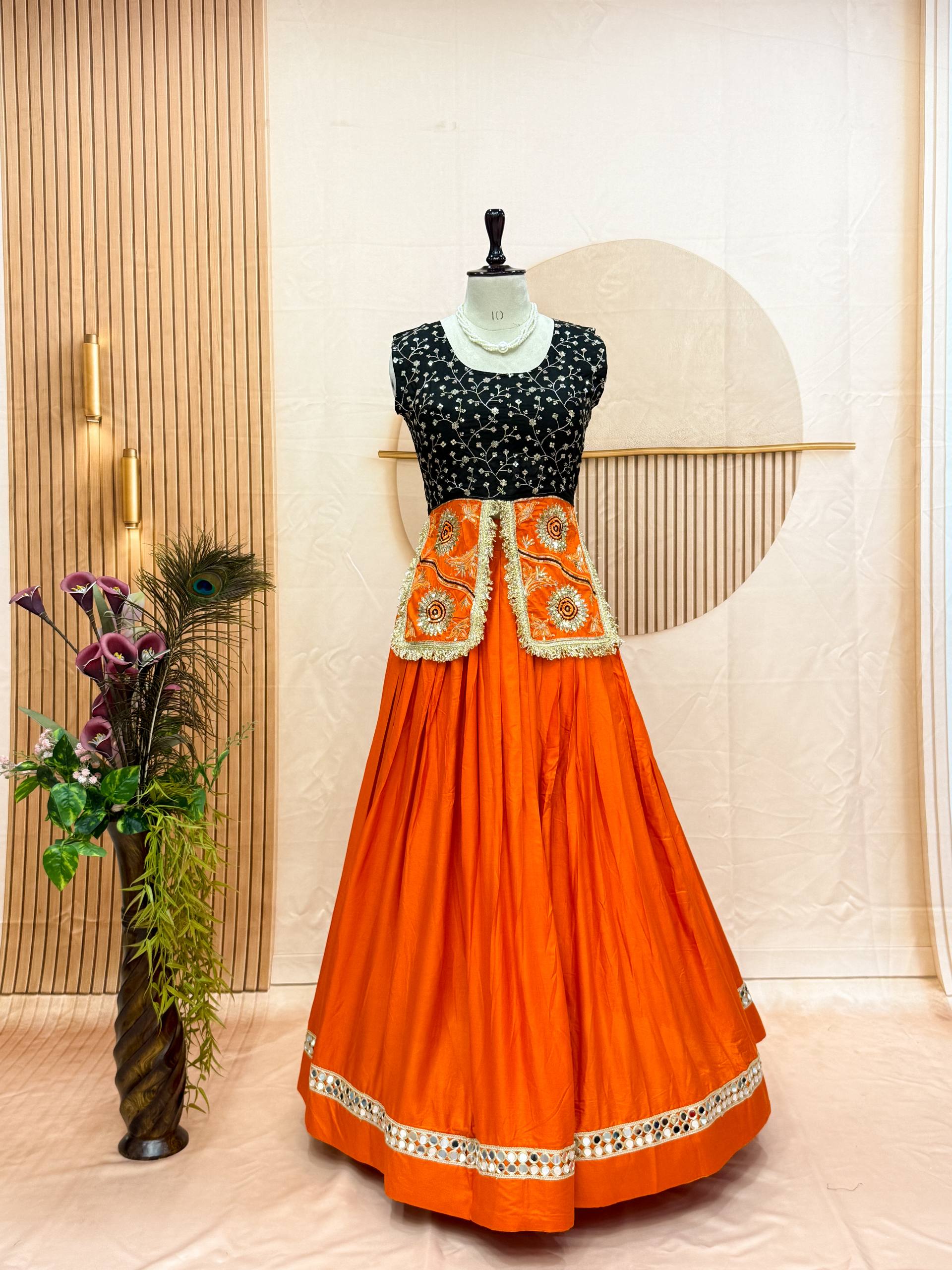 Orange Pure Cotton Navratri Lehenga Choli Set with Mirror Lace & Embroidered Blouse