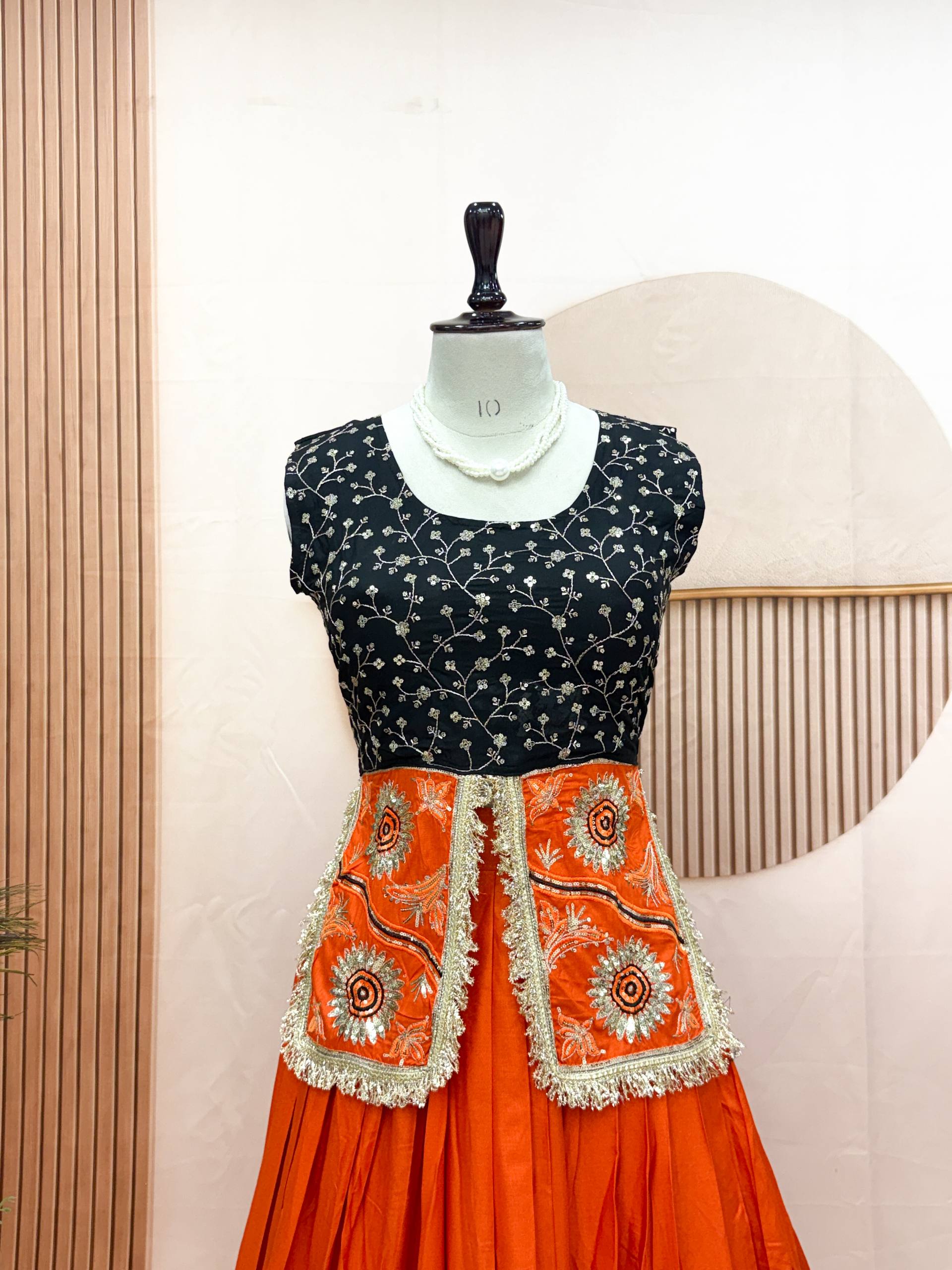 Orange Pure Cotton Navratri Lehenga Choli Set with Mirror Lace & Embroidered Blouse