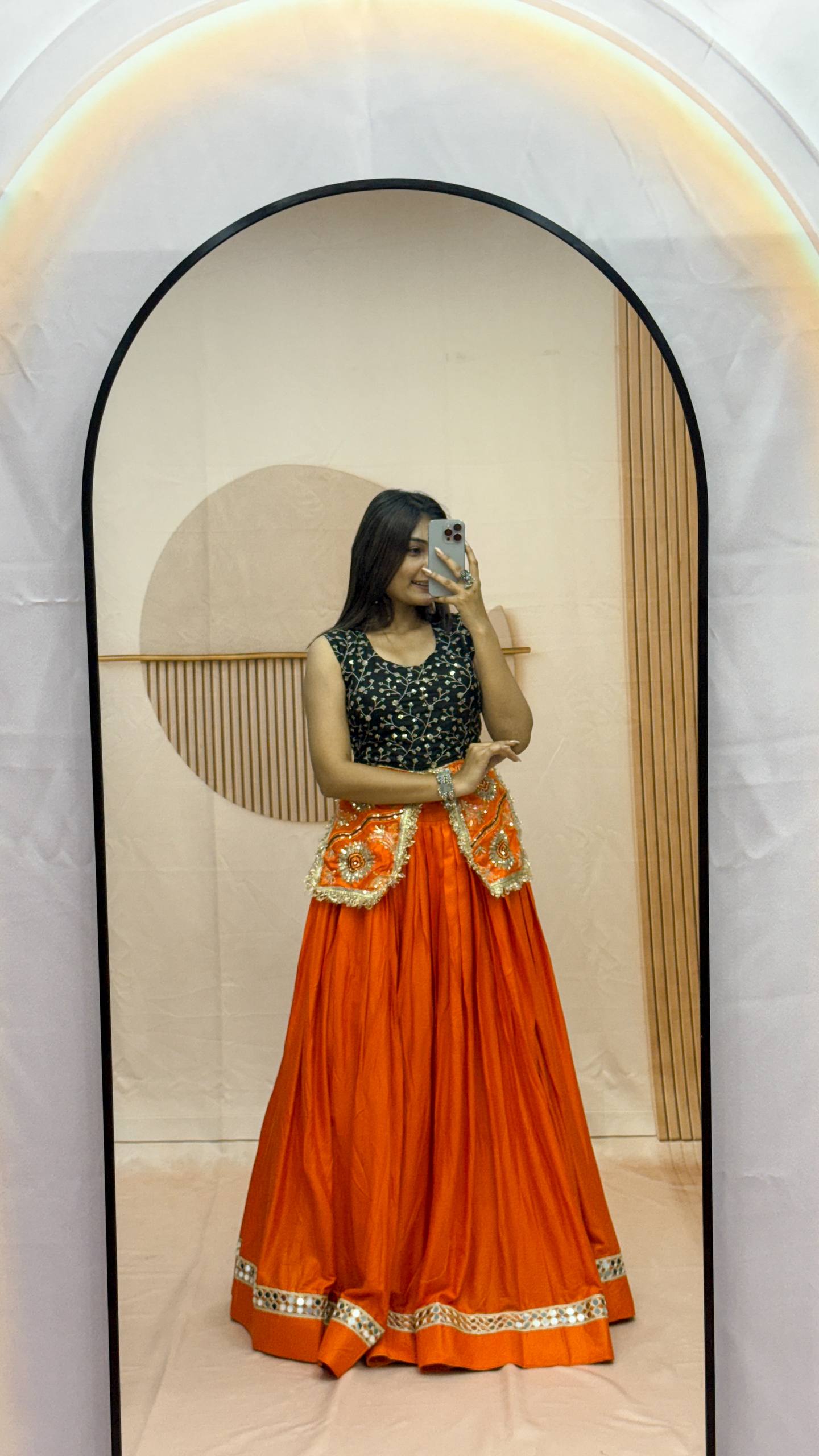 Orange Pure Cotton Navratri Lehenga Choli Set with Mirror Lace & Embroidered Blouse