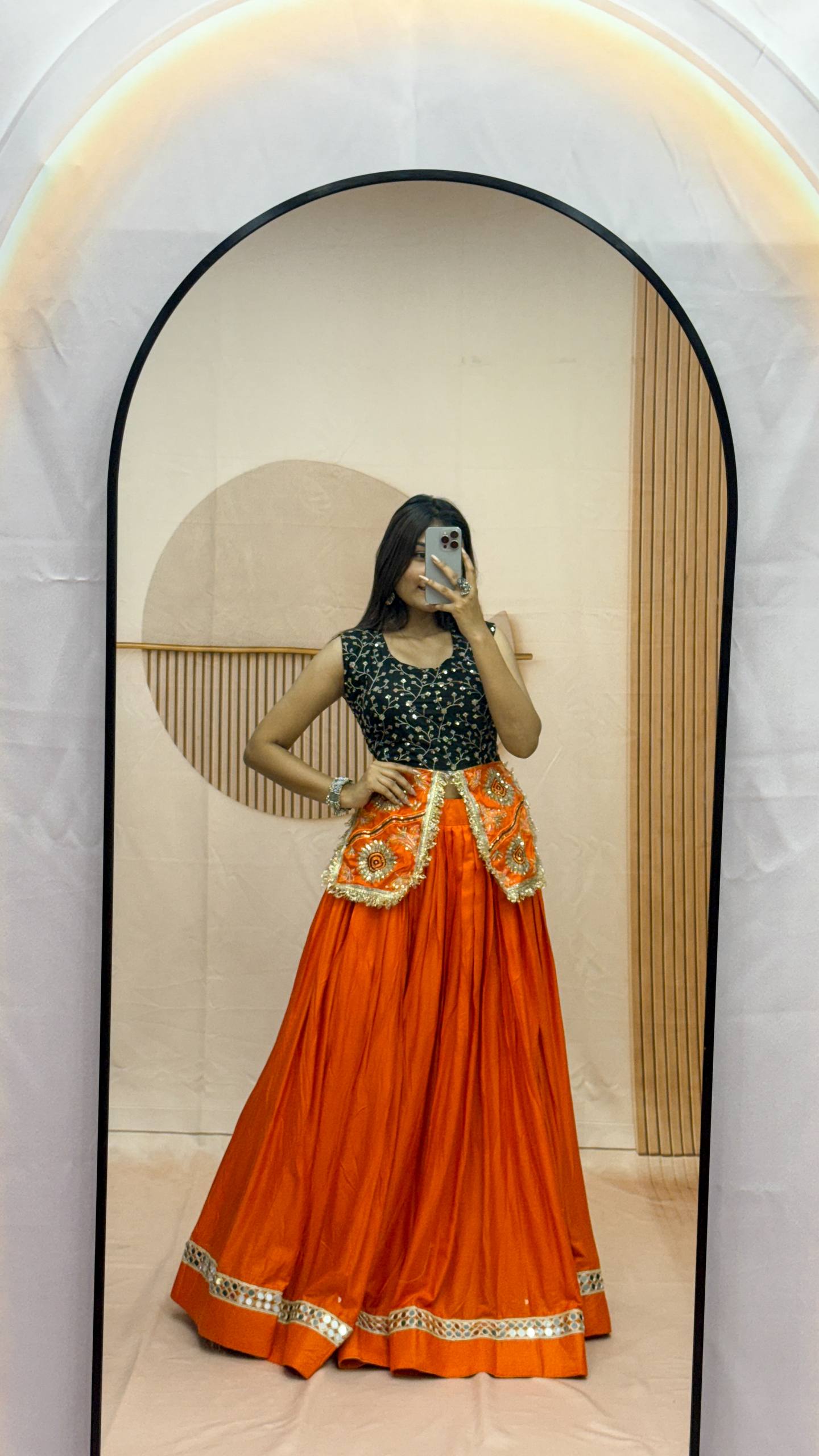Orange Pure Cotton Navratri Lehenga Choli Set with Mirror Lace & Embroidered Blouse