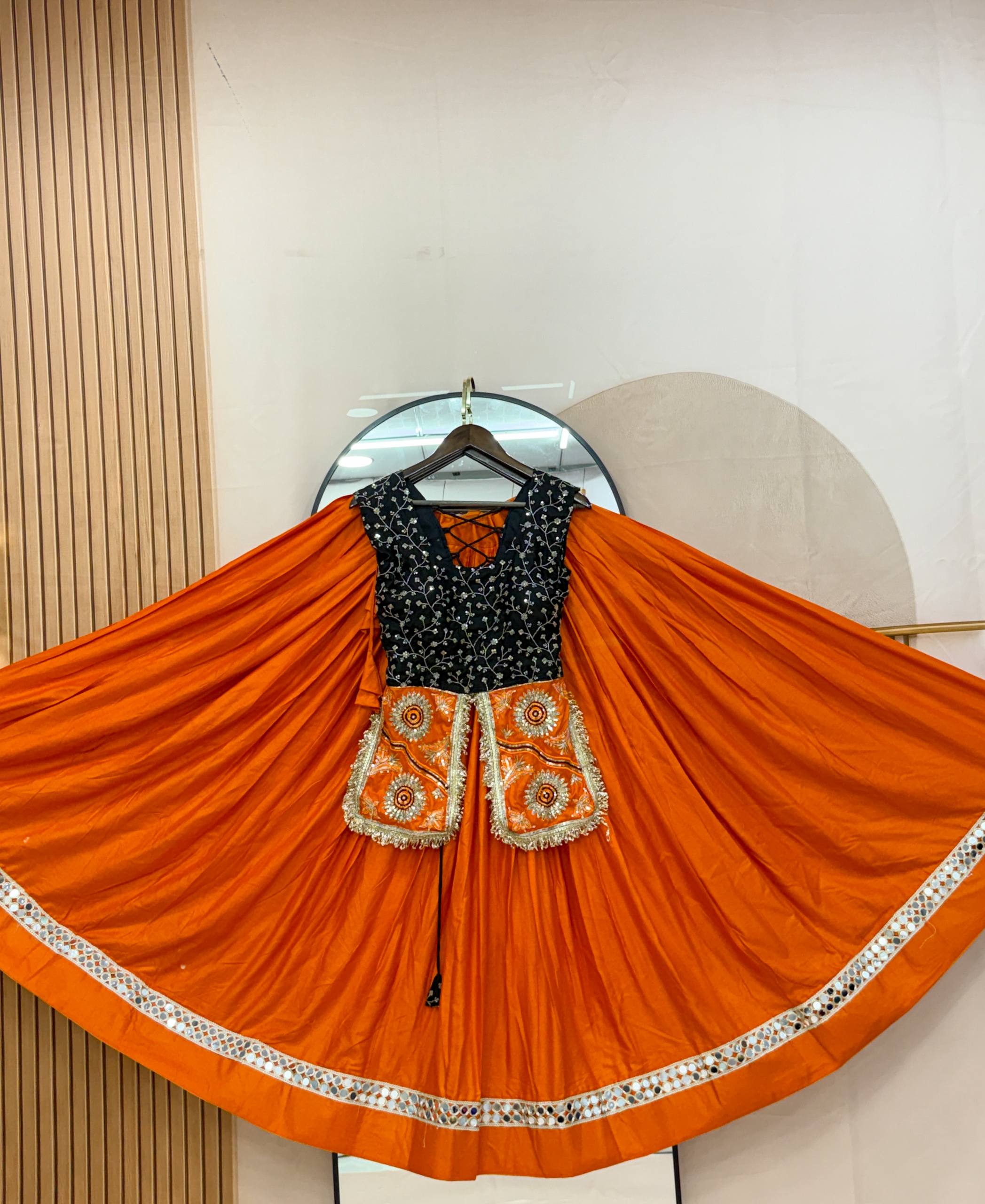 Orange Pure Cotton Navratri Lehenga Choli Set with Mirror Lace & Embroidered Blouse