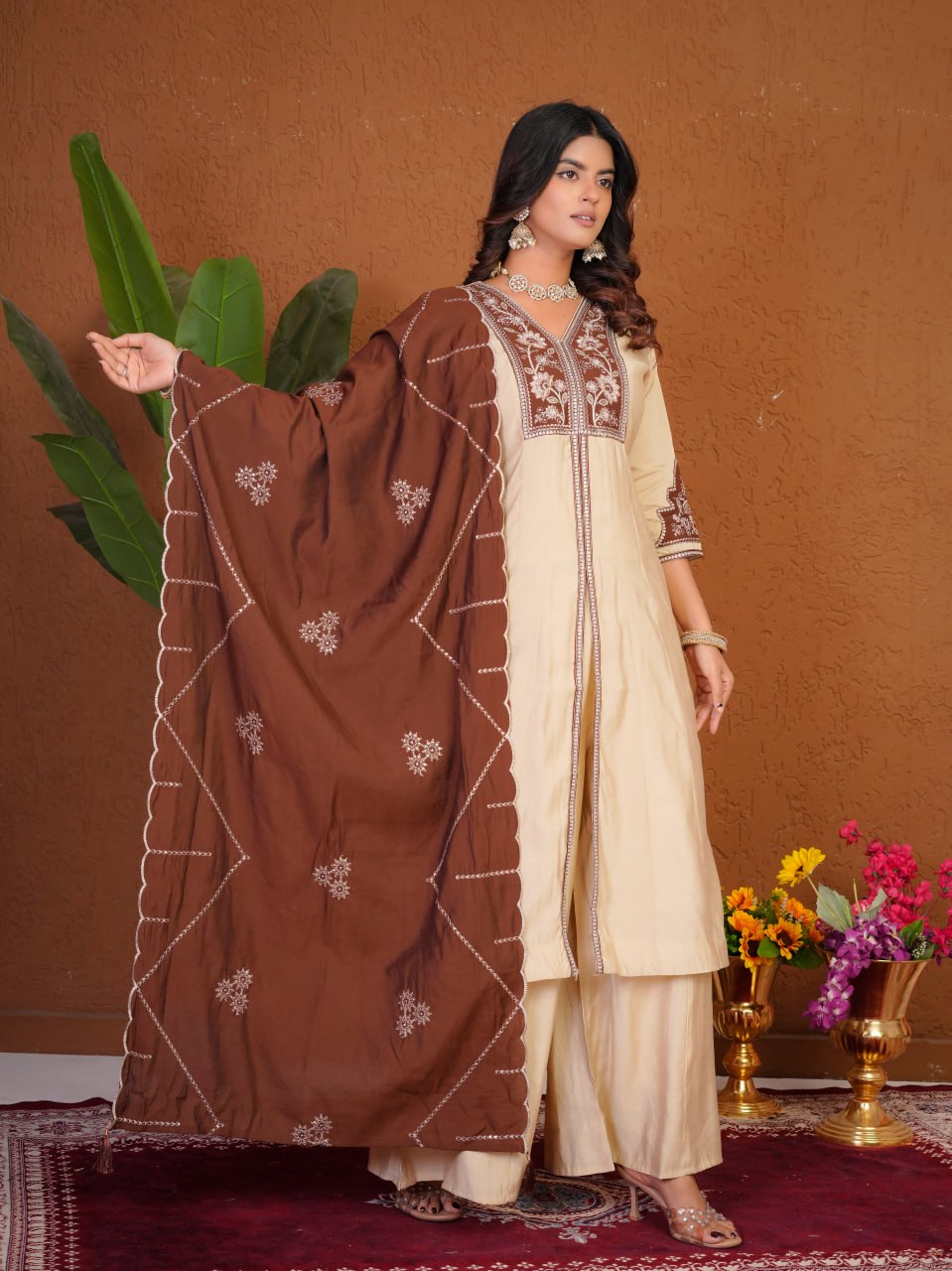 Cream Roman Silk Embroidered Anarkali Kurti Set with Brown Dupatta
