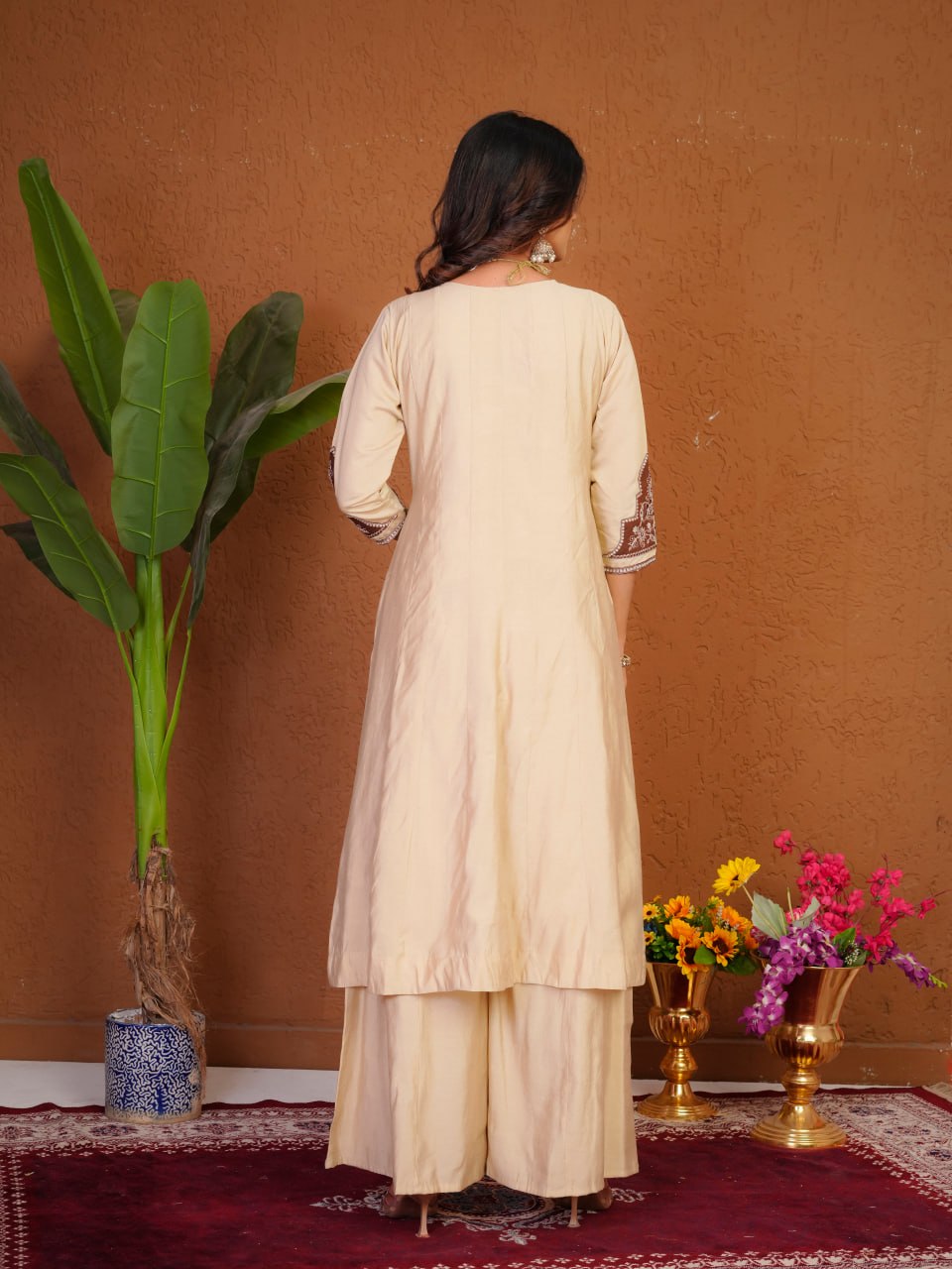 Cream Roman Silk Embroidered Anarkali Kurti Set with Brown Dupatta