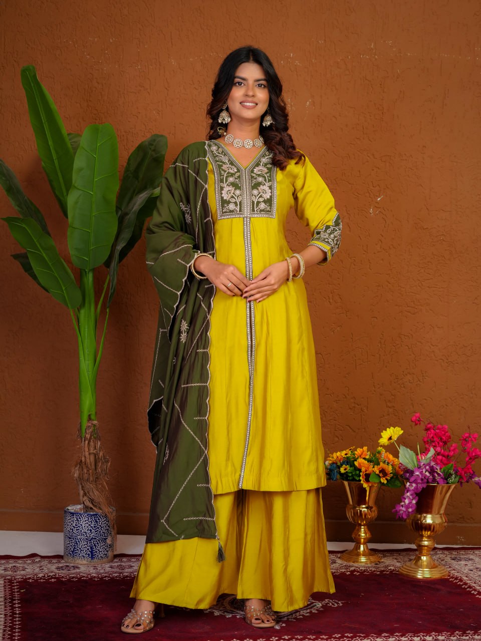Mustard Yellow Roman Silk Embroidered Anarkali Kurti Palazzo Set with Olive Green Dupatta
