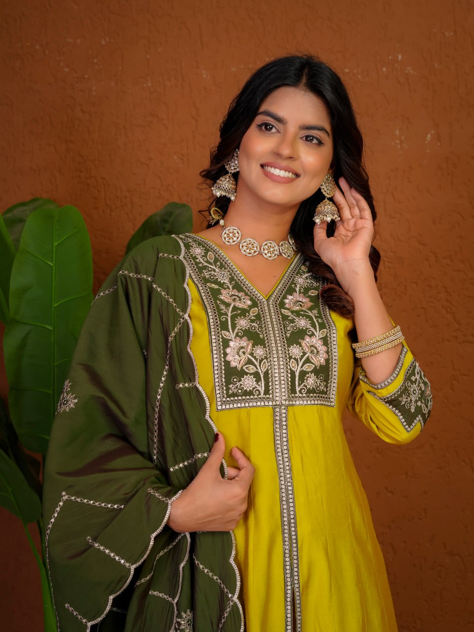 Mustard Yellow Roman Silk Embroidered Anarkali Kurti Palazzo Set with Olive Green Dupatta