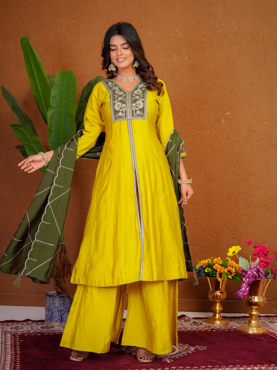 Mustard Yellow Roman Silk Embroidered Anarkali Kurti Palazzo Set with Olive Green Dupatta