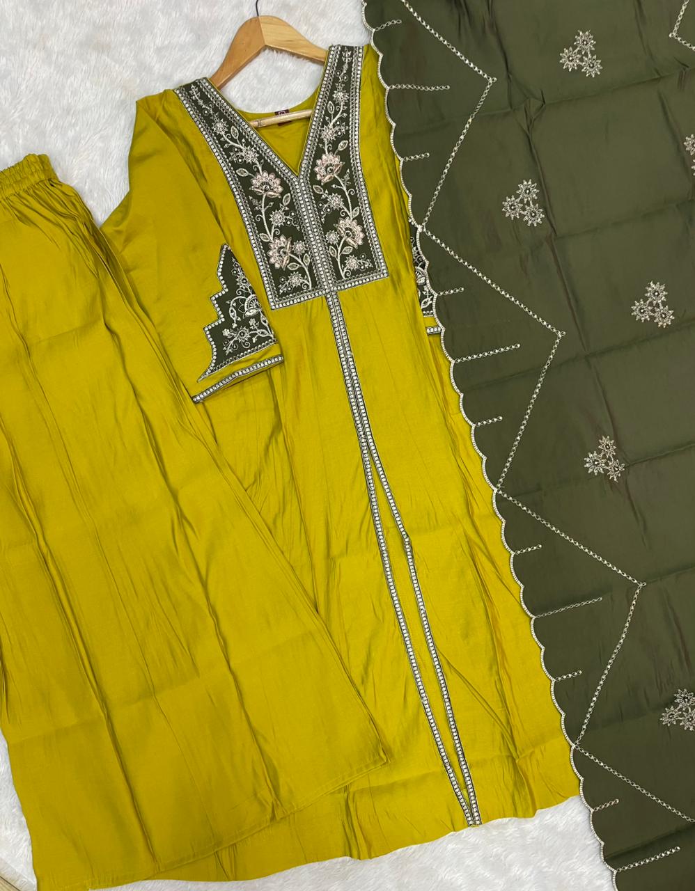 Mustard Yellow Roman Silk Embroidered Anarkali Kurti Palazzo Set with Olive Green Dupatta