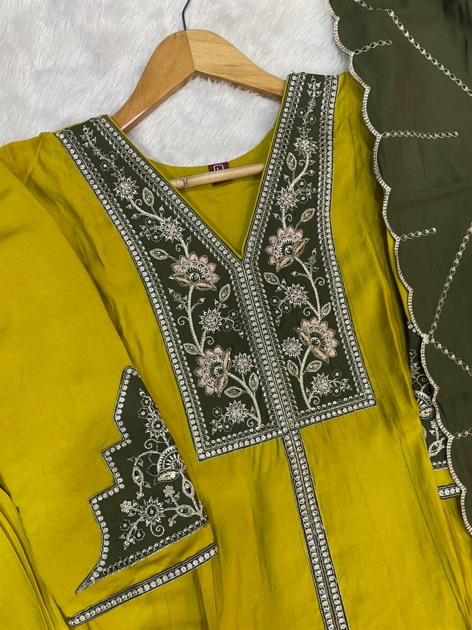 Mustard Yellow Roman Silk Embroidered Anarkali Kurti Palazzo Set with Olive Green Dupatta