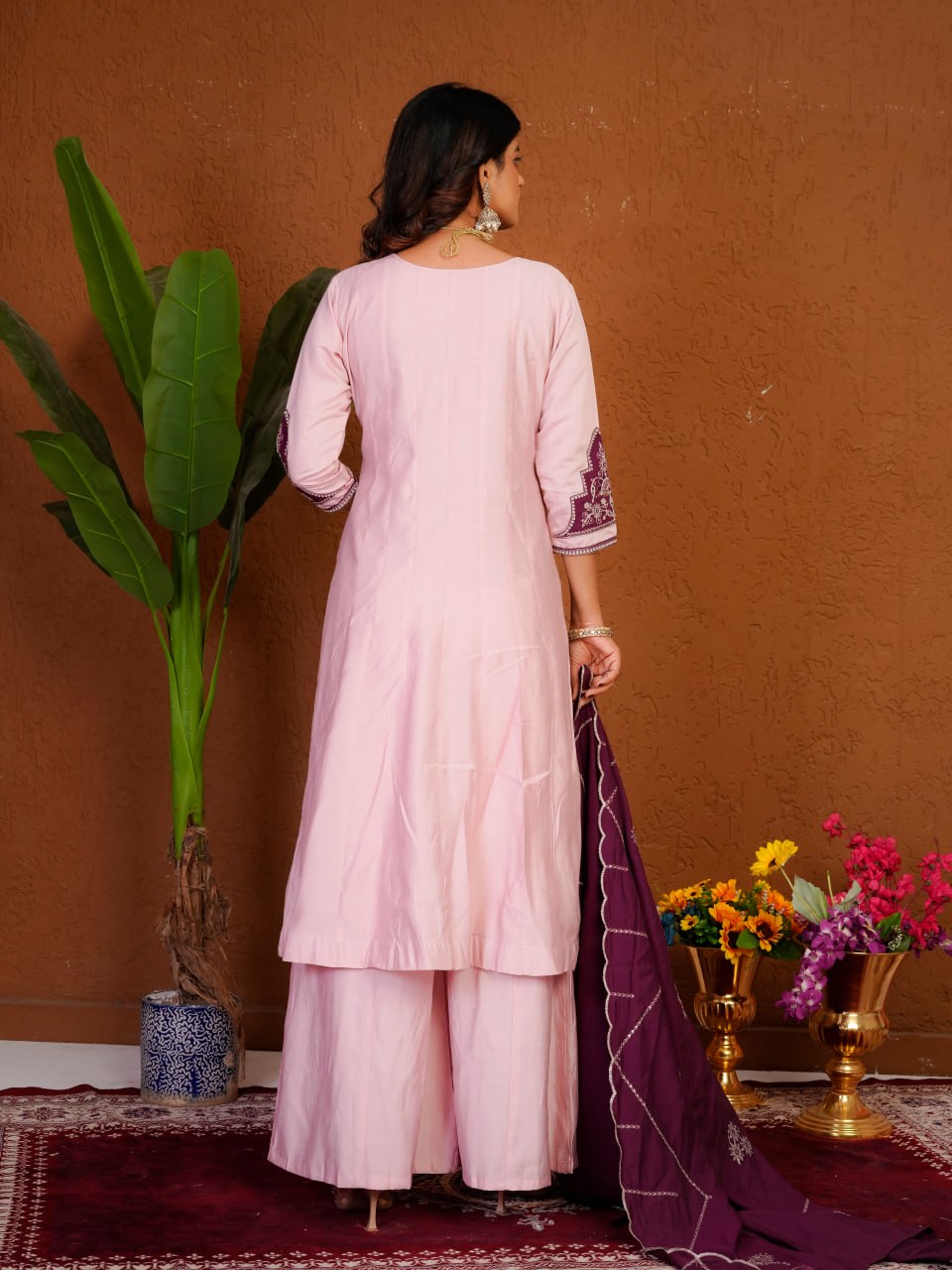 Blush Pink & Wine Roman Silk Embroidered Anarkali Kurti Plazo Set with Dupatta