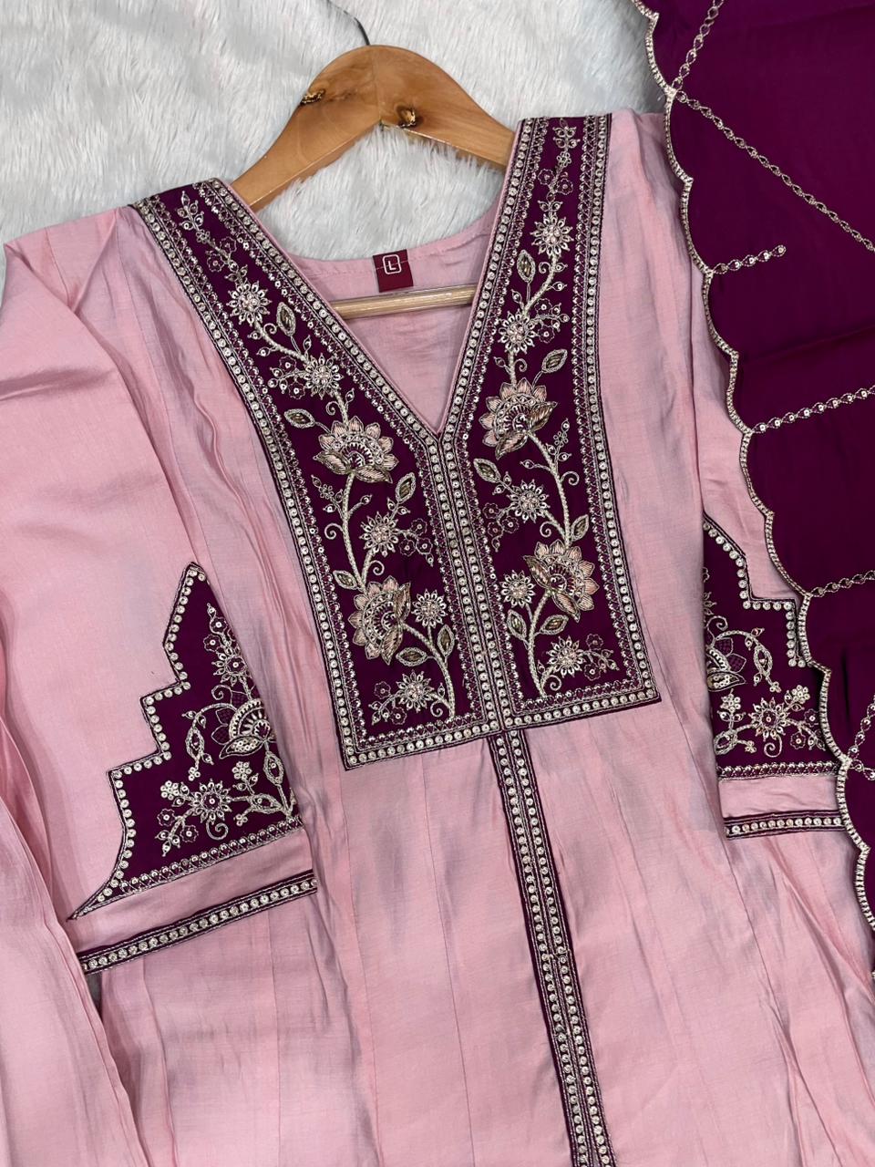 Blush Pink & Wine Roman Silk Embroidered Anarkali Kurti Plazo Set with Dupatta