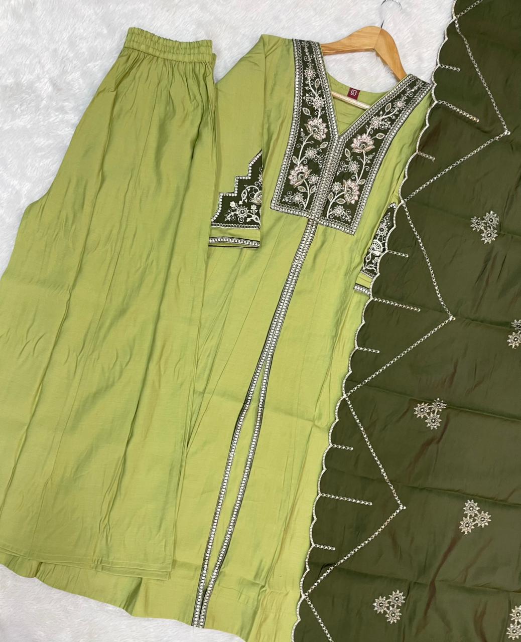 Pista Green Roman Silk Embroidered Anarkali Kurti Set with Dupatta