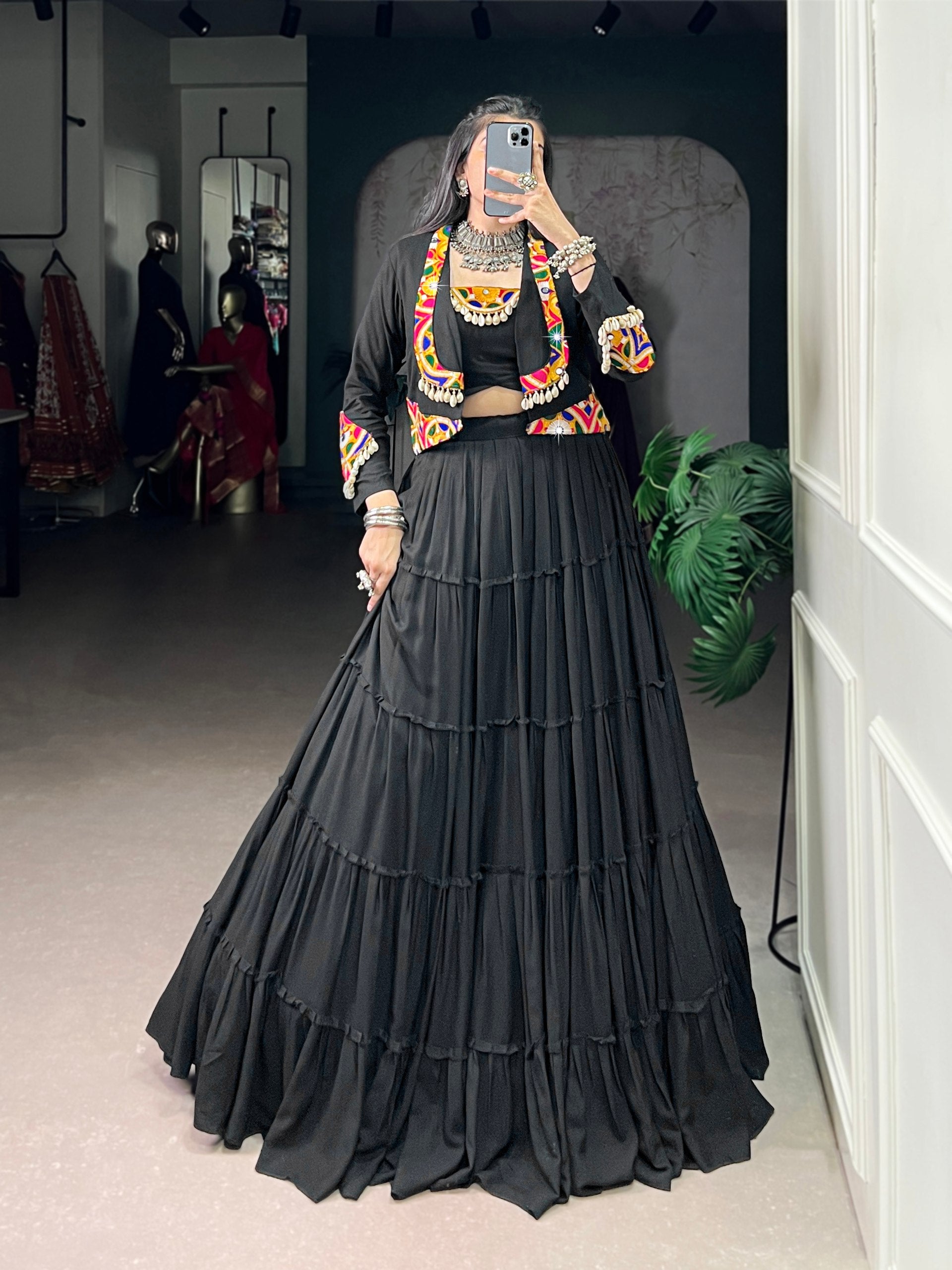 Black Pure Rayon Navratri Lehenga Choli with Gamthi Work Jacket