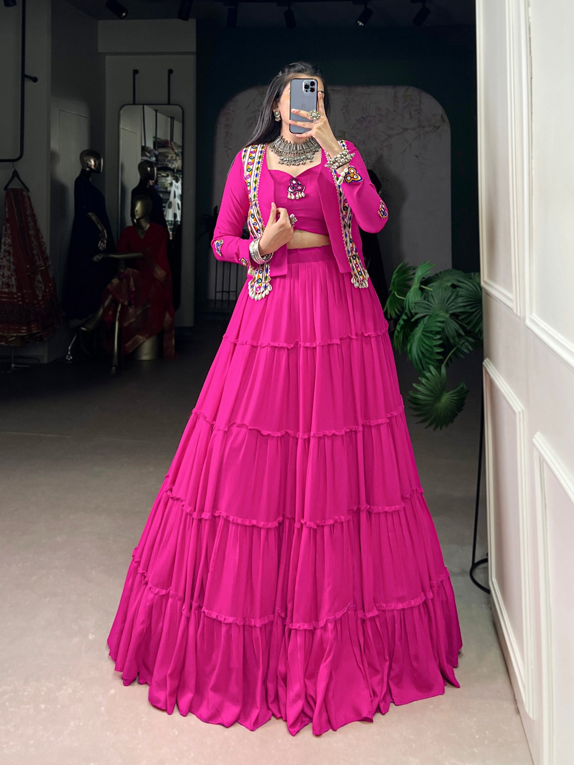 Hot Pink Pure Rayon Navratri Lehenga Choli with Gamthi Work Jacket