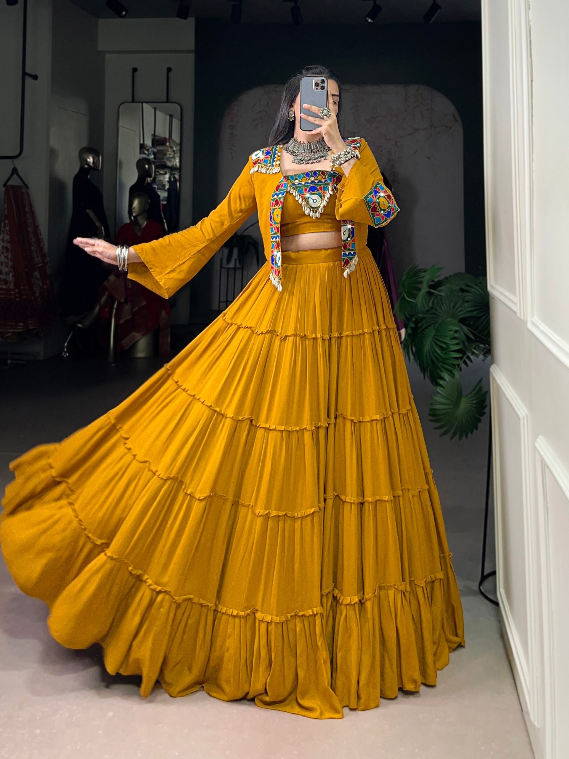 Mustard Yellow Pure Rayon Navratri Lehenga Choli with Gamthi Work Jacket