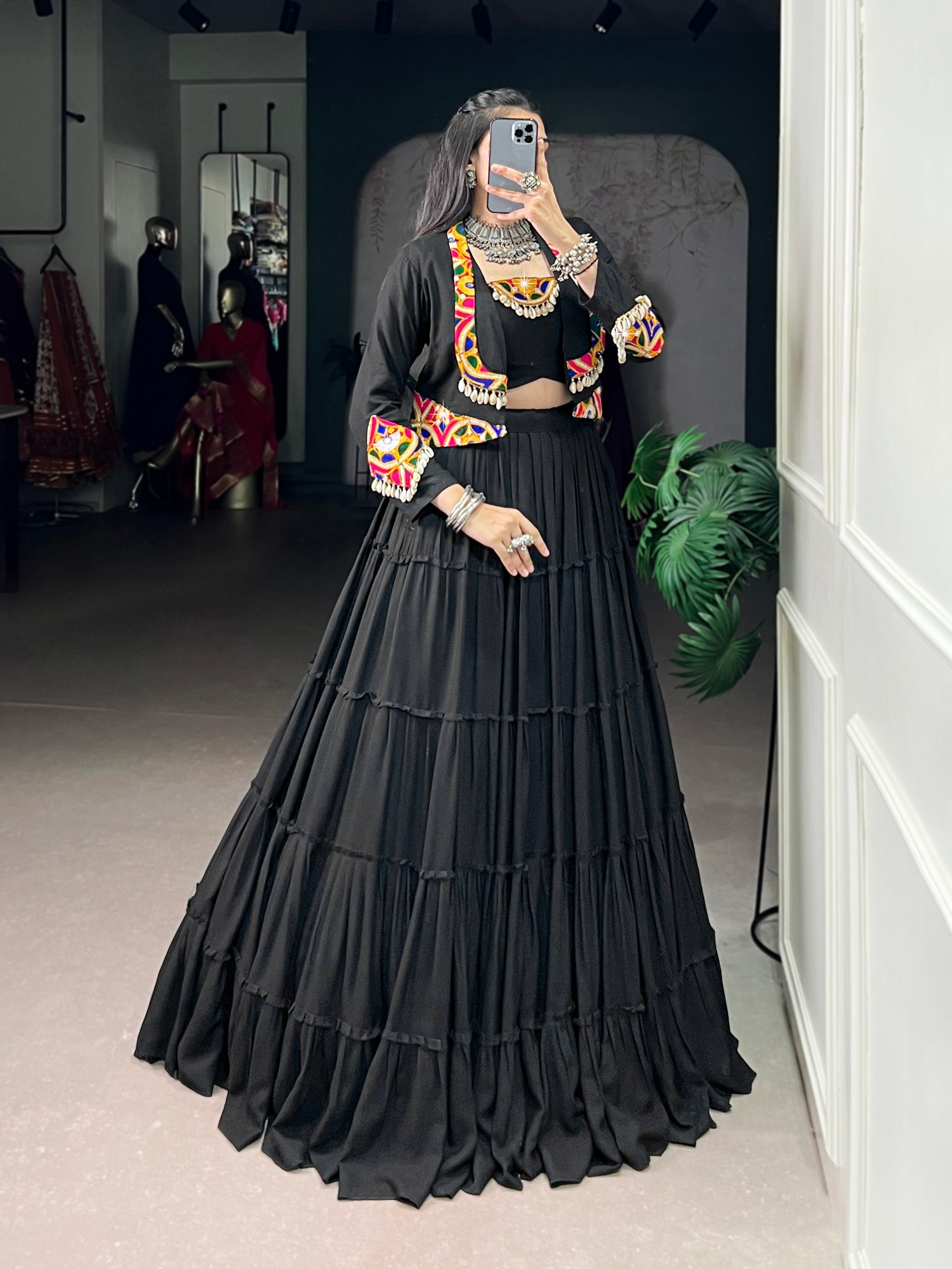 Black Pure Rayon Navratri Lehenga Choli with Gamthi Work Jacket