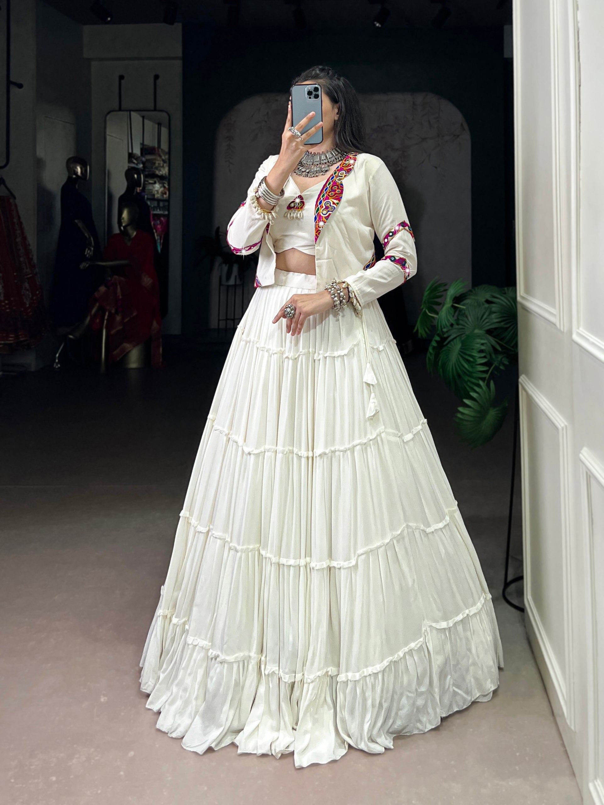 White Pure Rayon Navratri Lehenga Choli with Gamthi Work Jacket