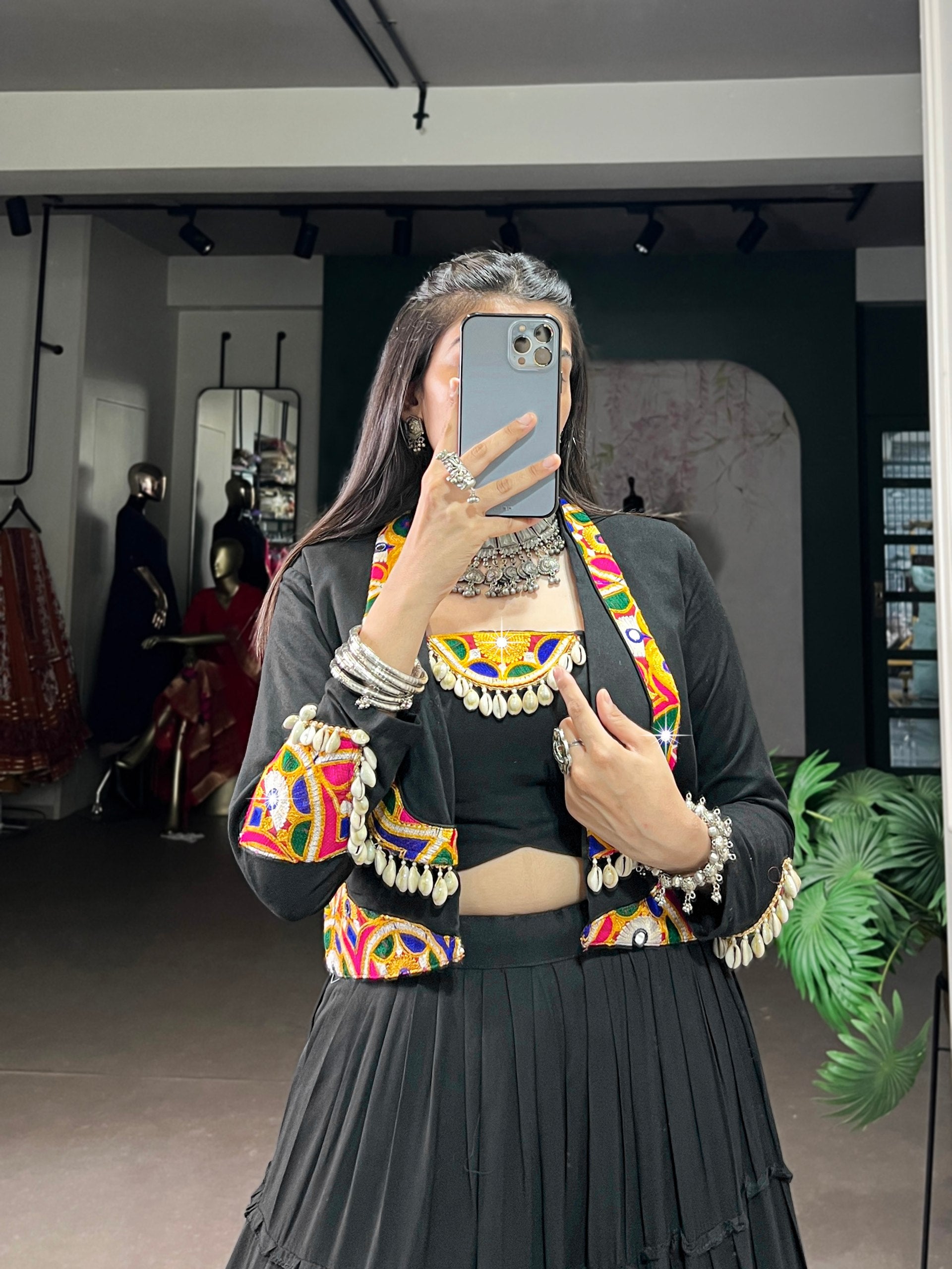 Black Pure Rayon Navratri Lehenga Choli with Gamthi Work Jacket