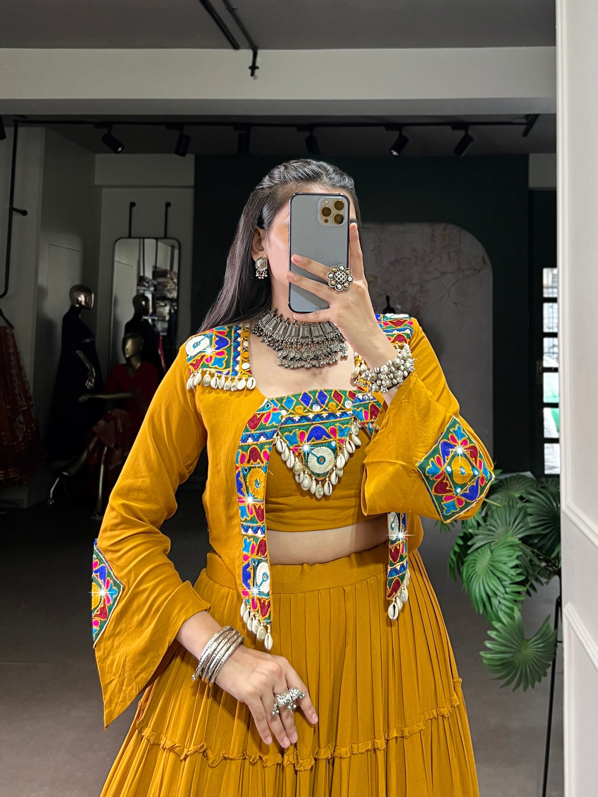 Mustard Yellow Pure Rayon Navratri Lehenga Choli with Gamthi Work Jacket