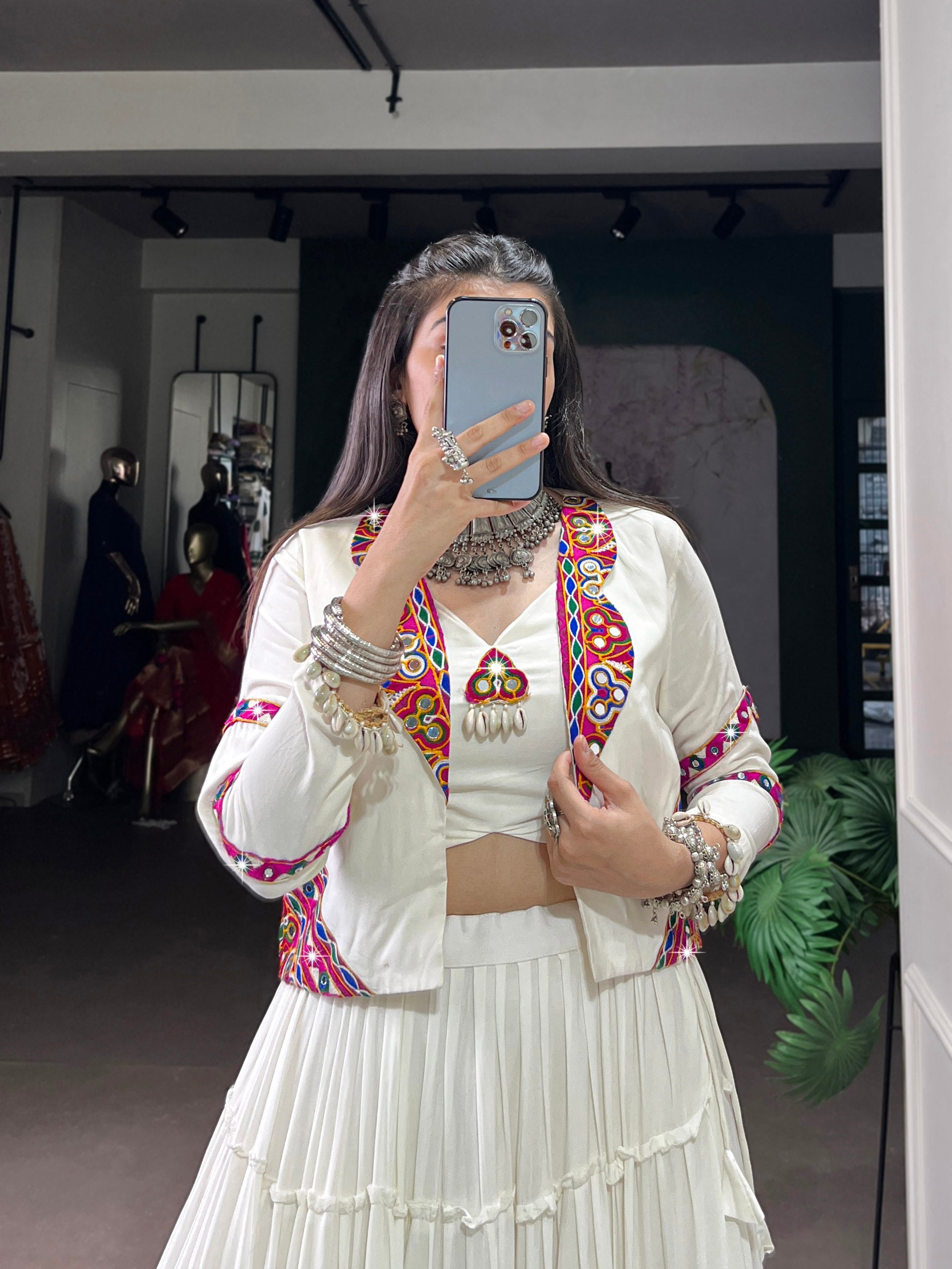 White Pure Rayon Navratri Lehenga Choli with Gamthi Work Jacket