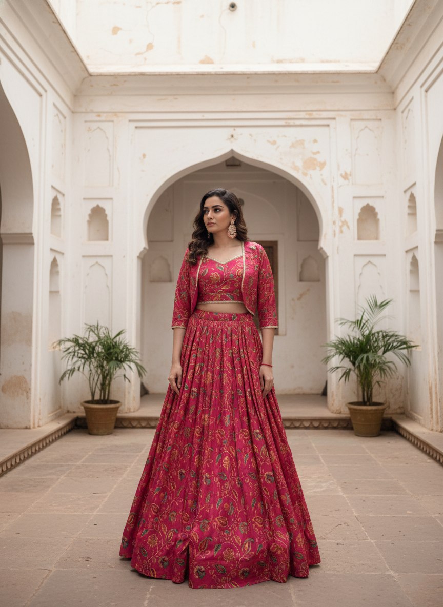 Rani Pink Floral Print Tasar Silk Co-Ord Lehenga Set with Koti