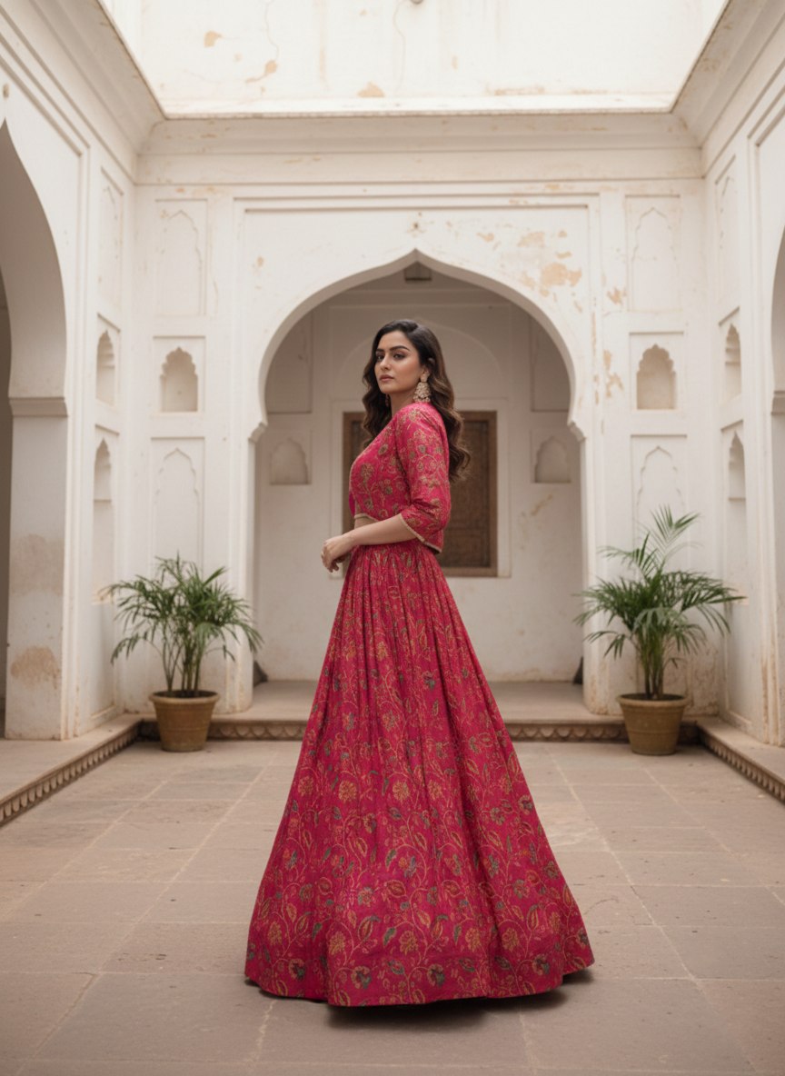 Rani Pink Floral Print Tasar Silk Co-Ord Lehenga Set with Koti