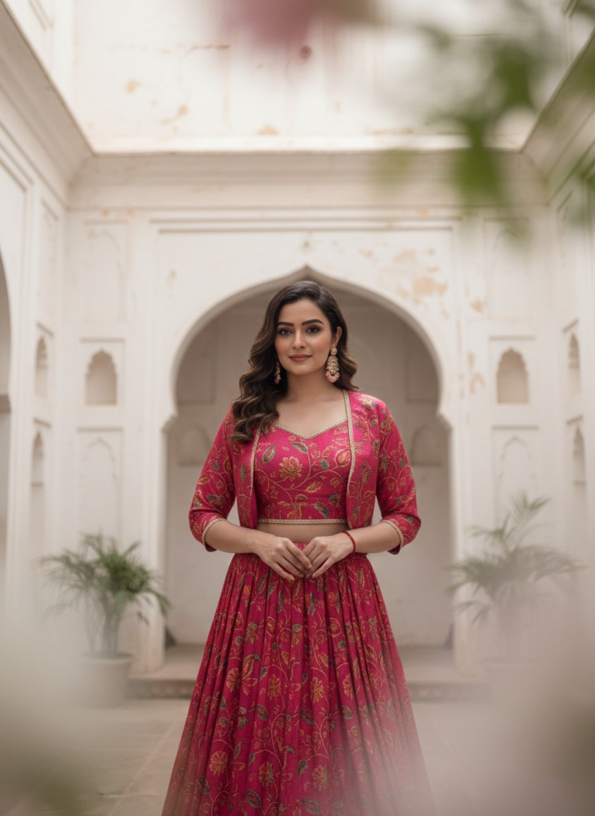 Rani Pink Floral Print Tasar Silk Co-Ord Lehenga Set with Koti