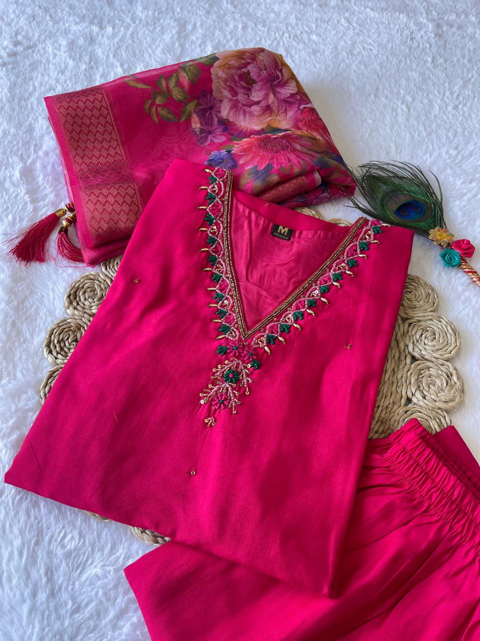 Rani Pink Handwork Vneck Kurta Pant Dupatta