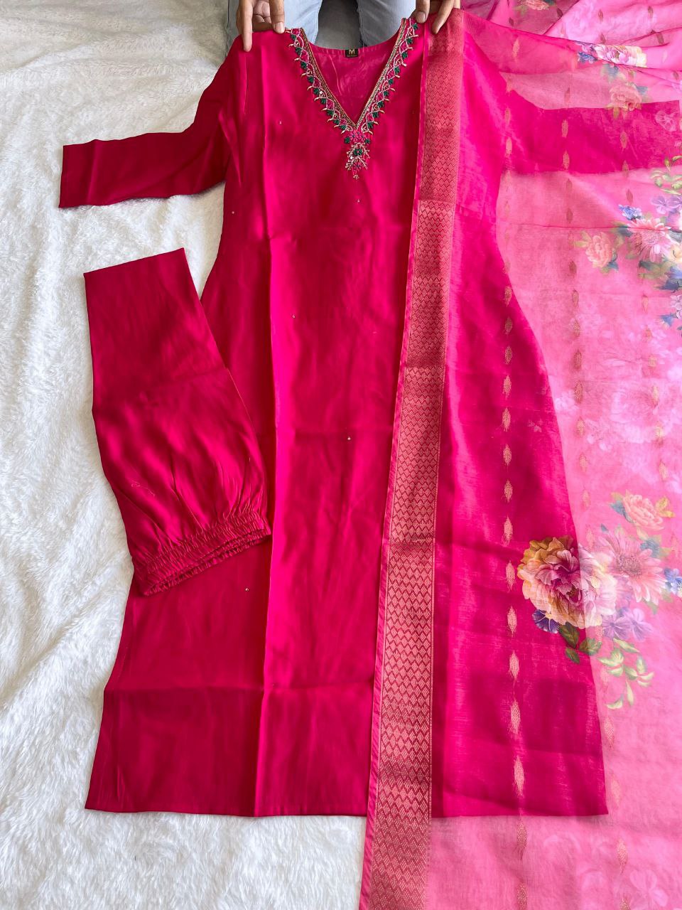 Rani Pink Handwork Vneck Kurta Pant Dupatta